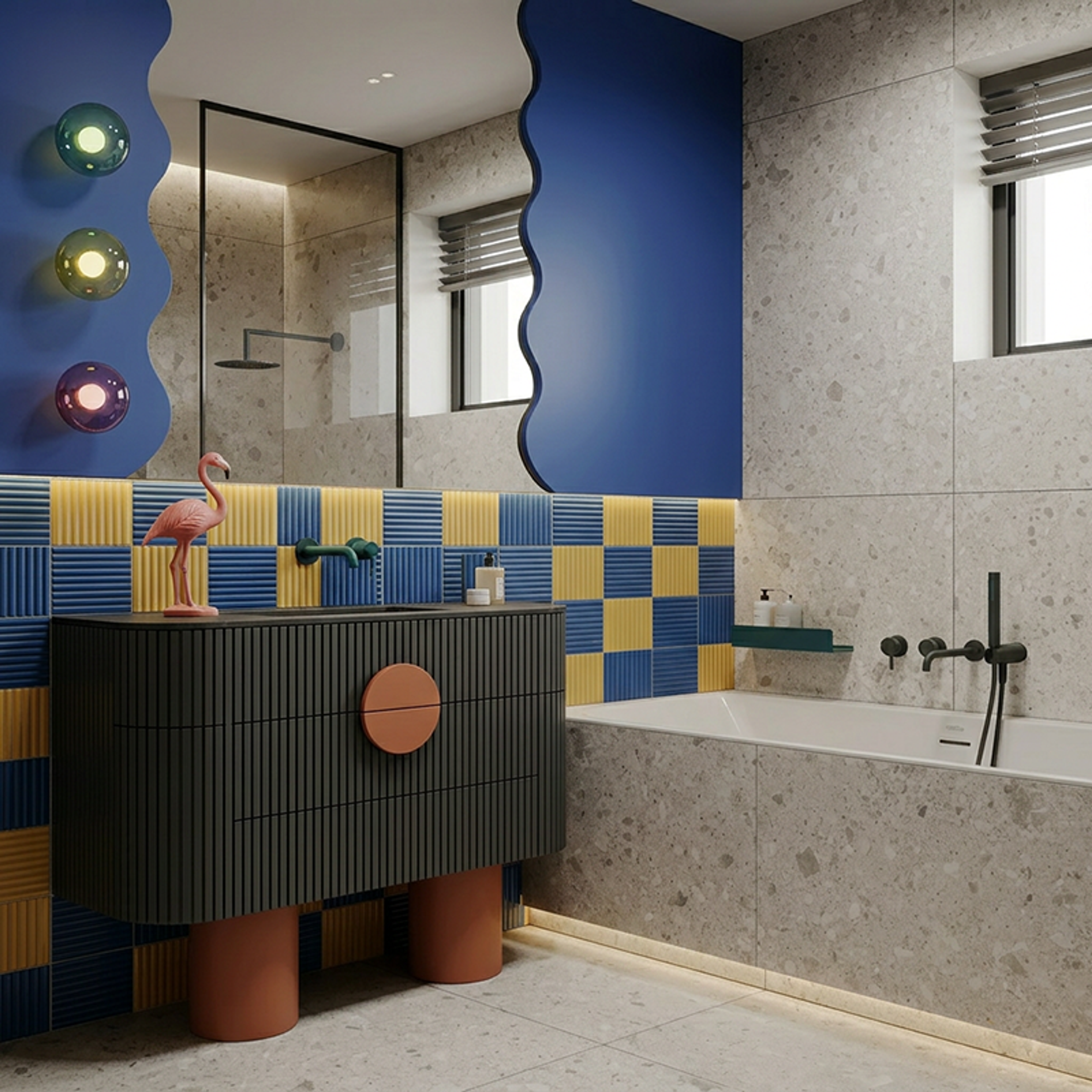 Beige Terrazzo Bathroom Tile Design with Blue Yellow Accent Tiles