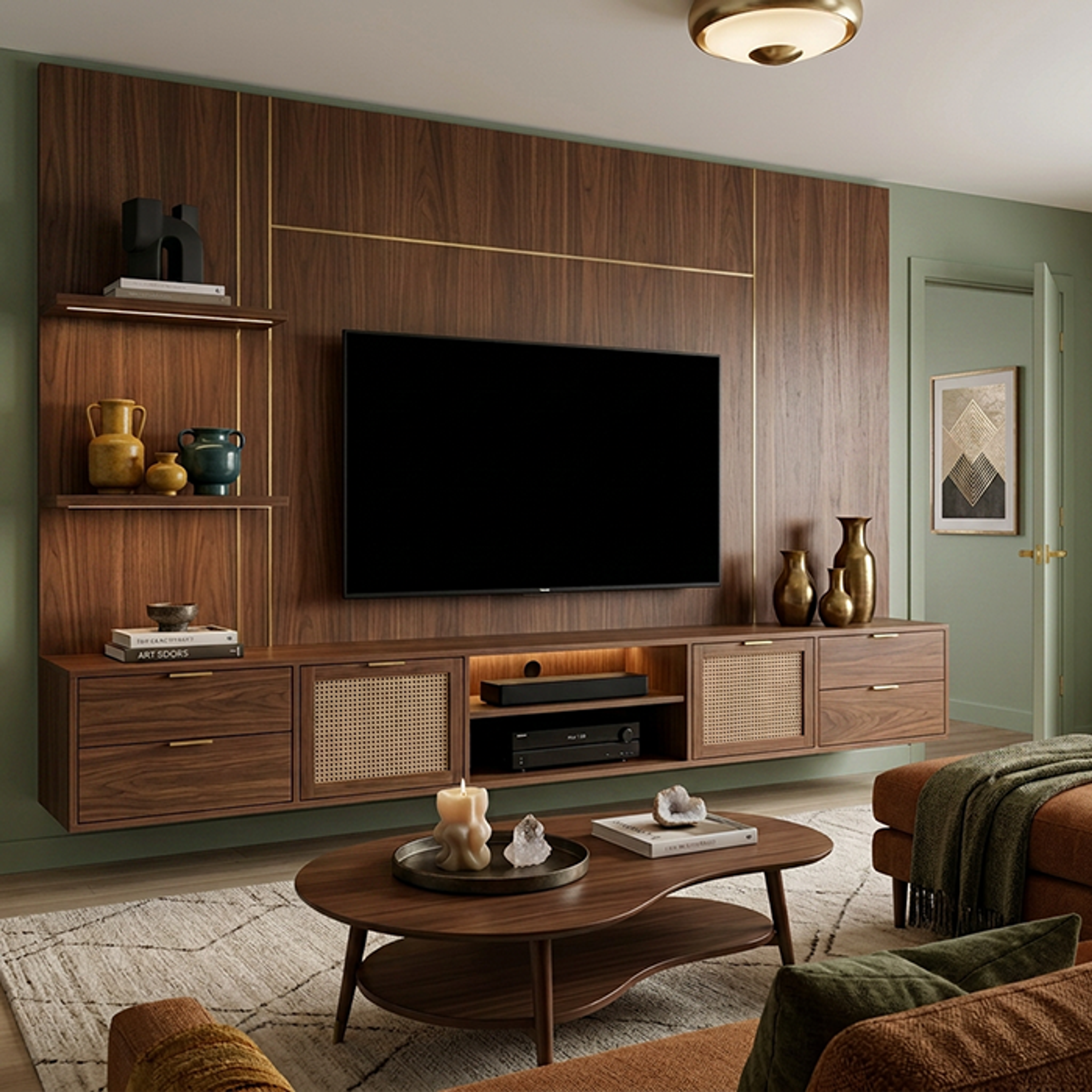 Walnut TV Unit Design with Cane Shutters and Open Decorative Shelving