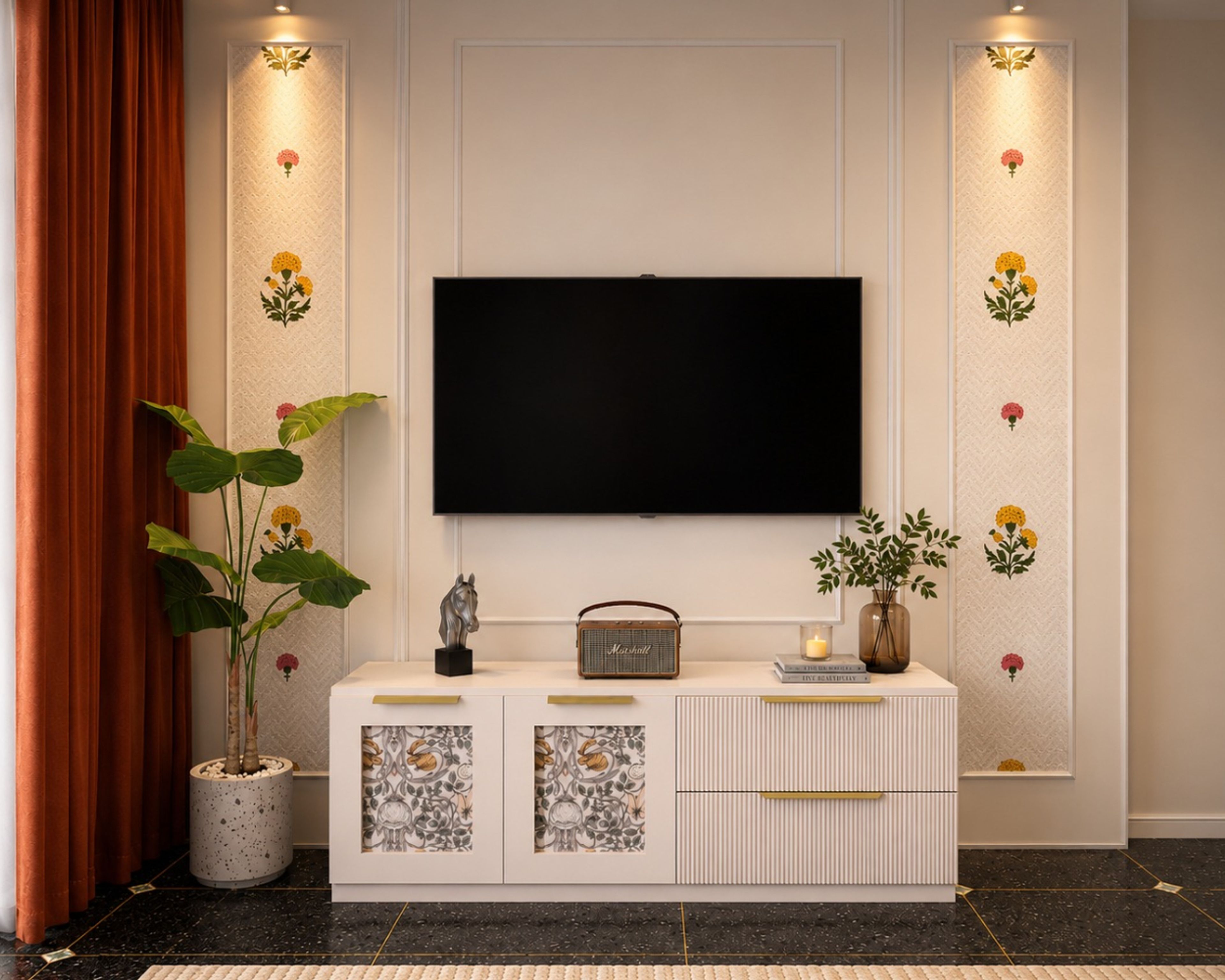 Misty Floral TV Unit Design with Botanical Inset Panels