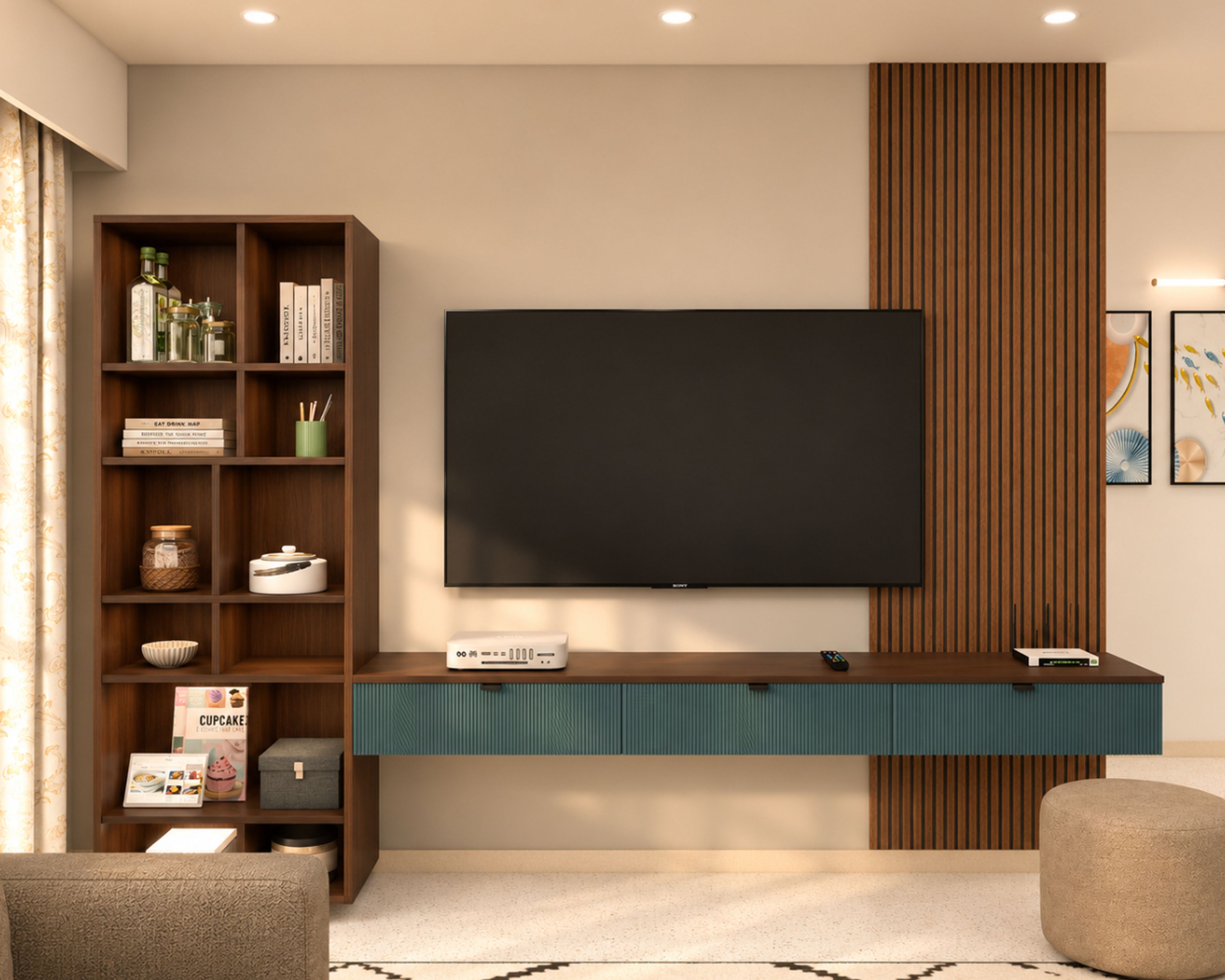 Modern Green TV Unit Design with Integrated Bookshelf and Slat Wall Paneling