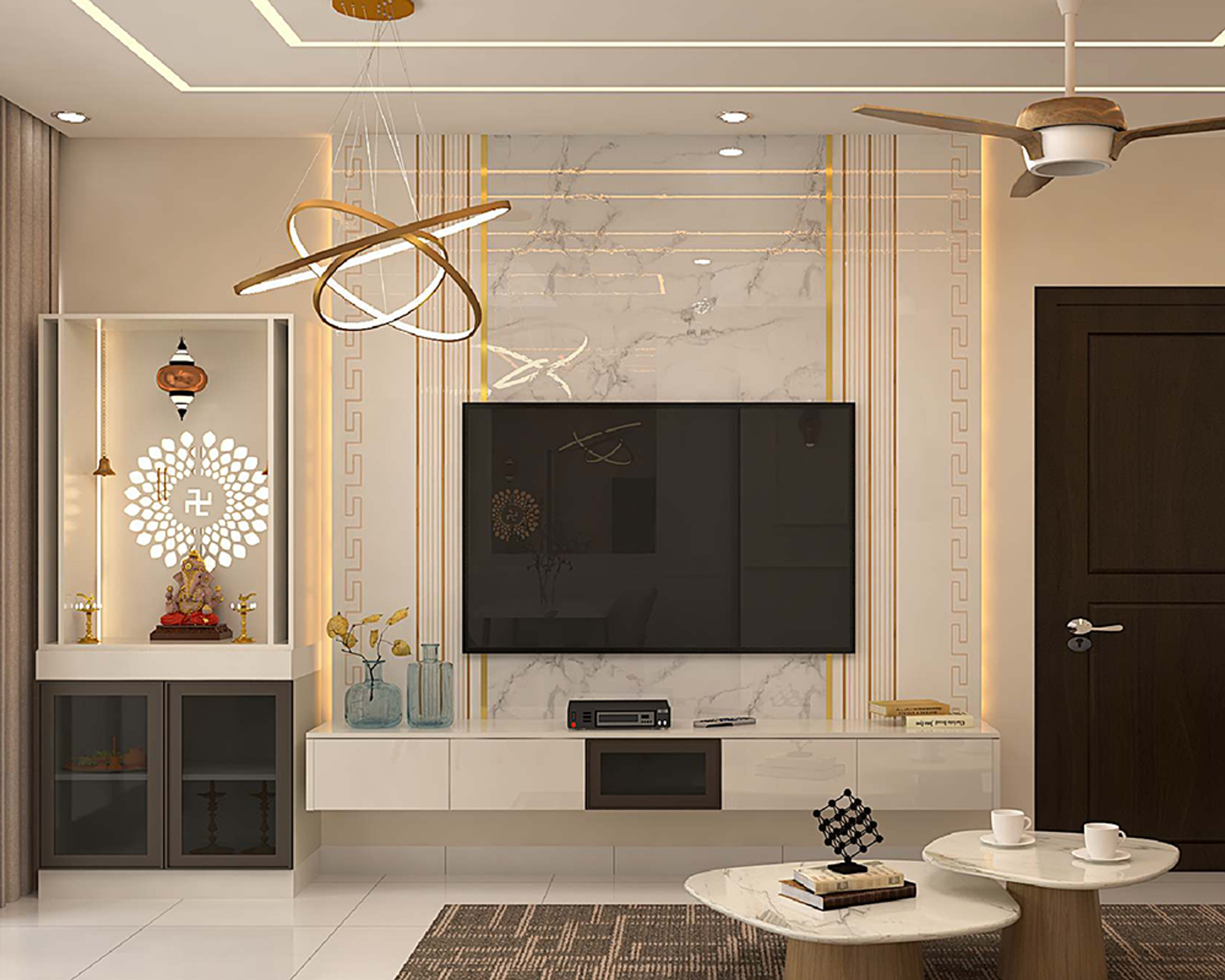 White TV Unit Design with Glossy Storage and Gold Detailing