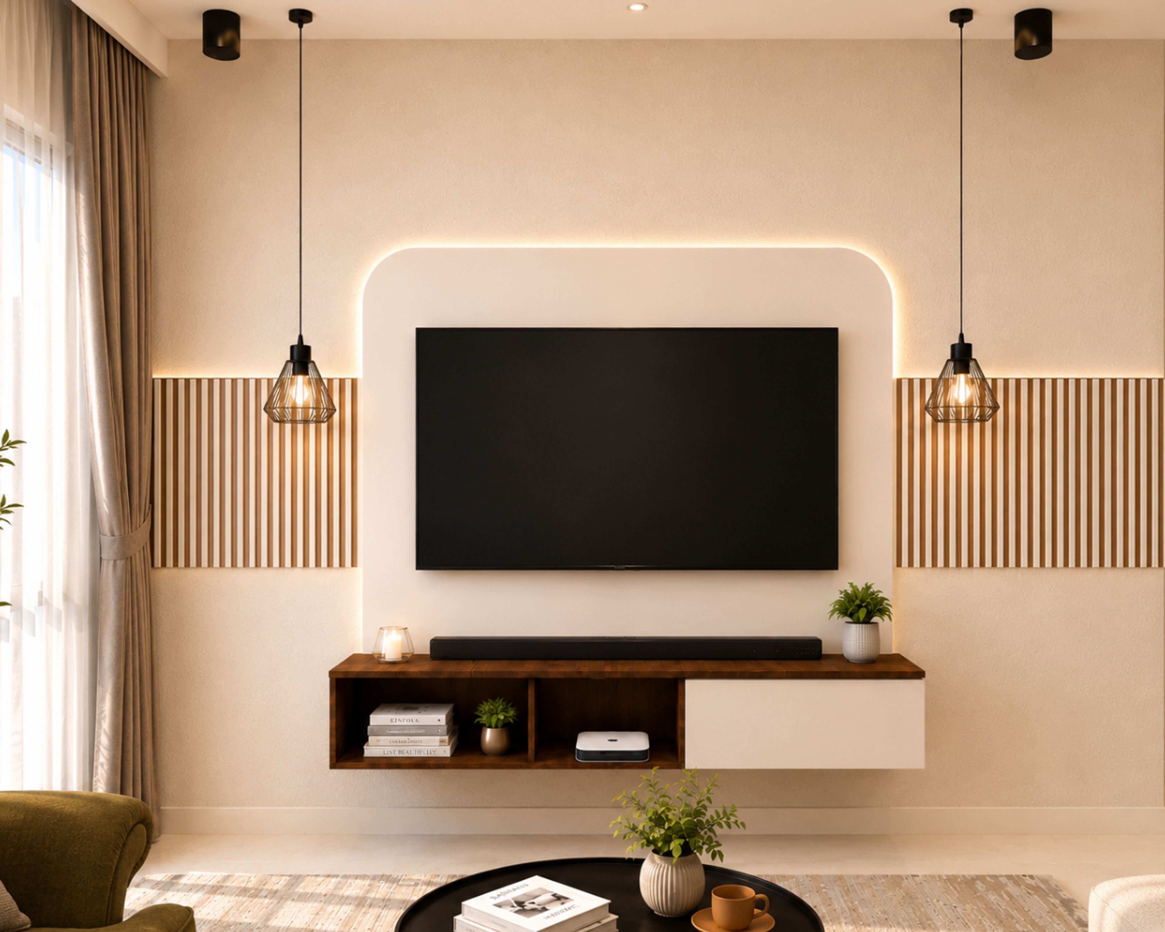 Modern White TV Unit Design with Slatted Wood Panels and Pendant Lights