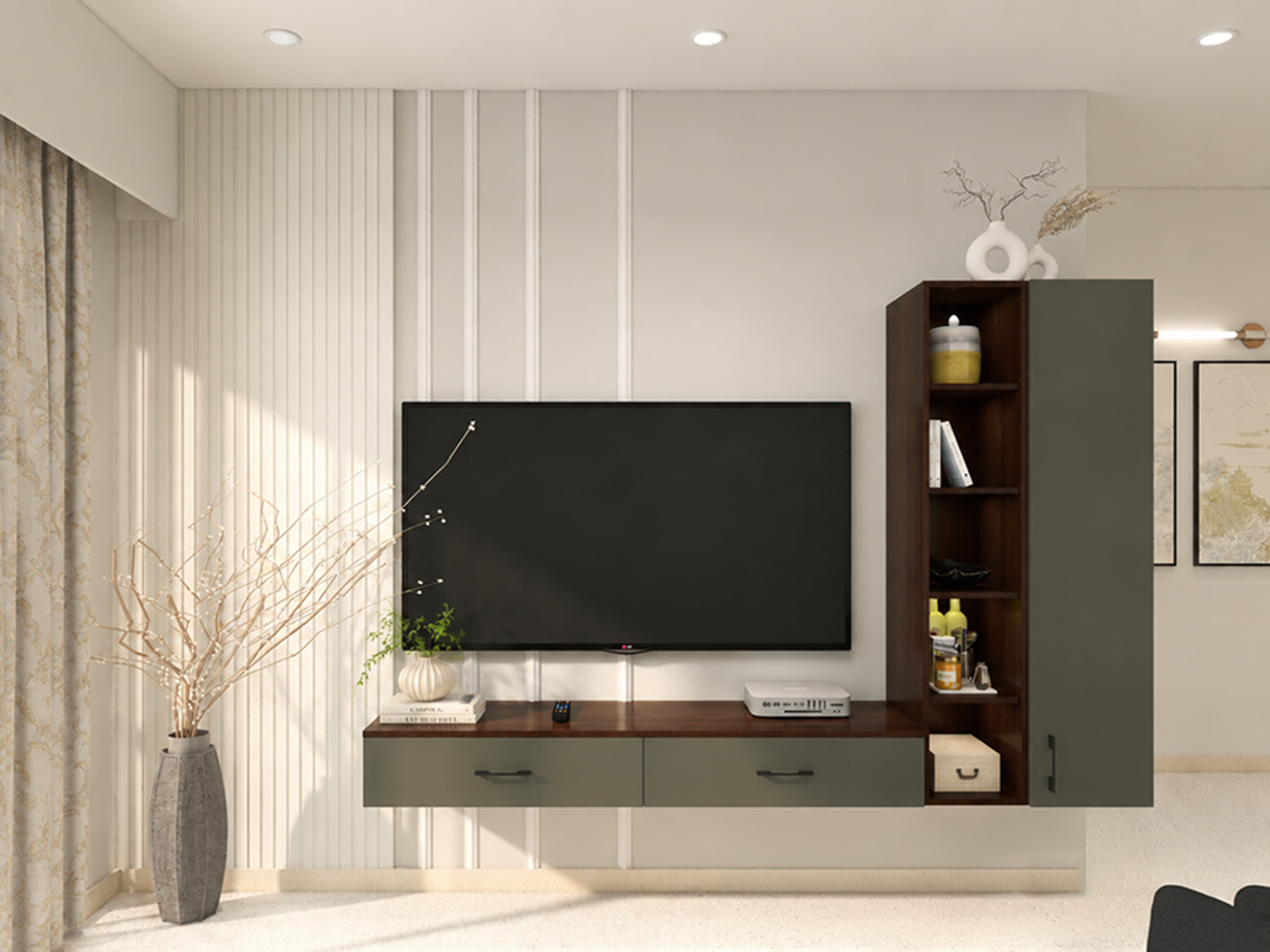 Minimal Grey TV Unit Design with Fluted Wall Panel and Wall-Mounted Cabinet