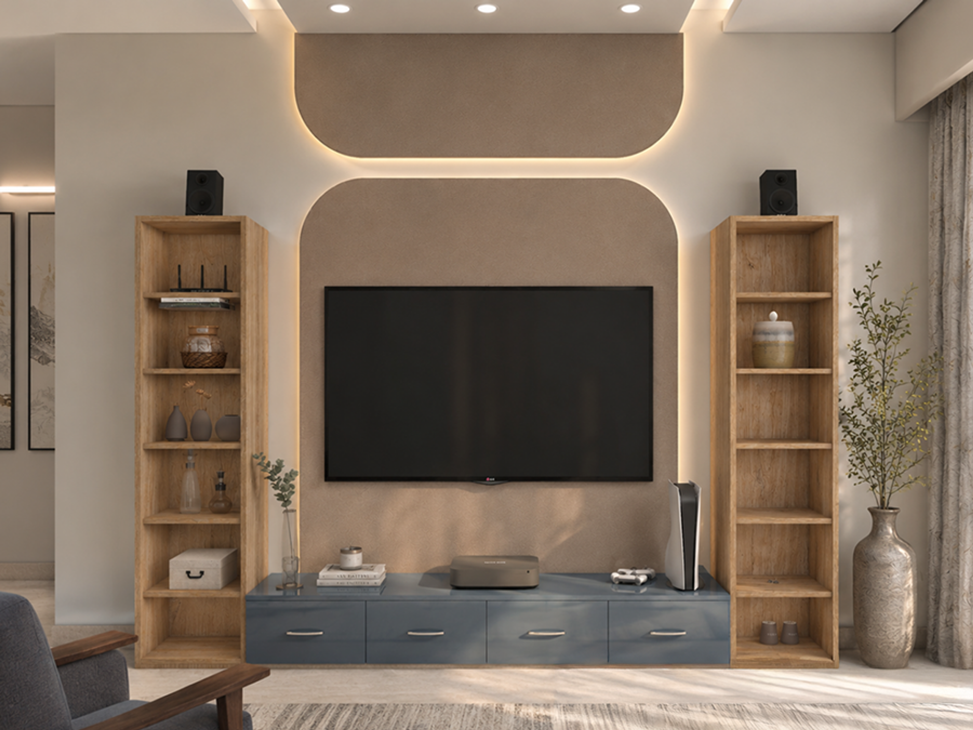 Contemporary Blue TV Unit Design with Twin Bookshelf Towers and Backlit Panel