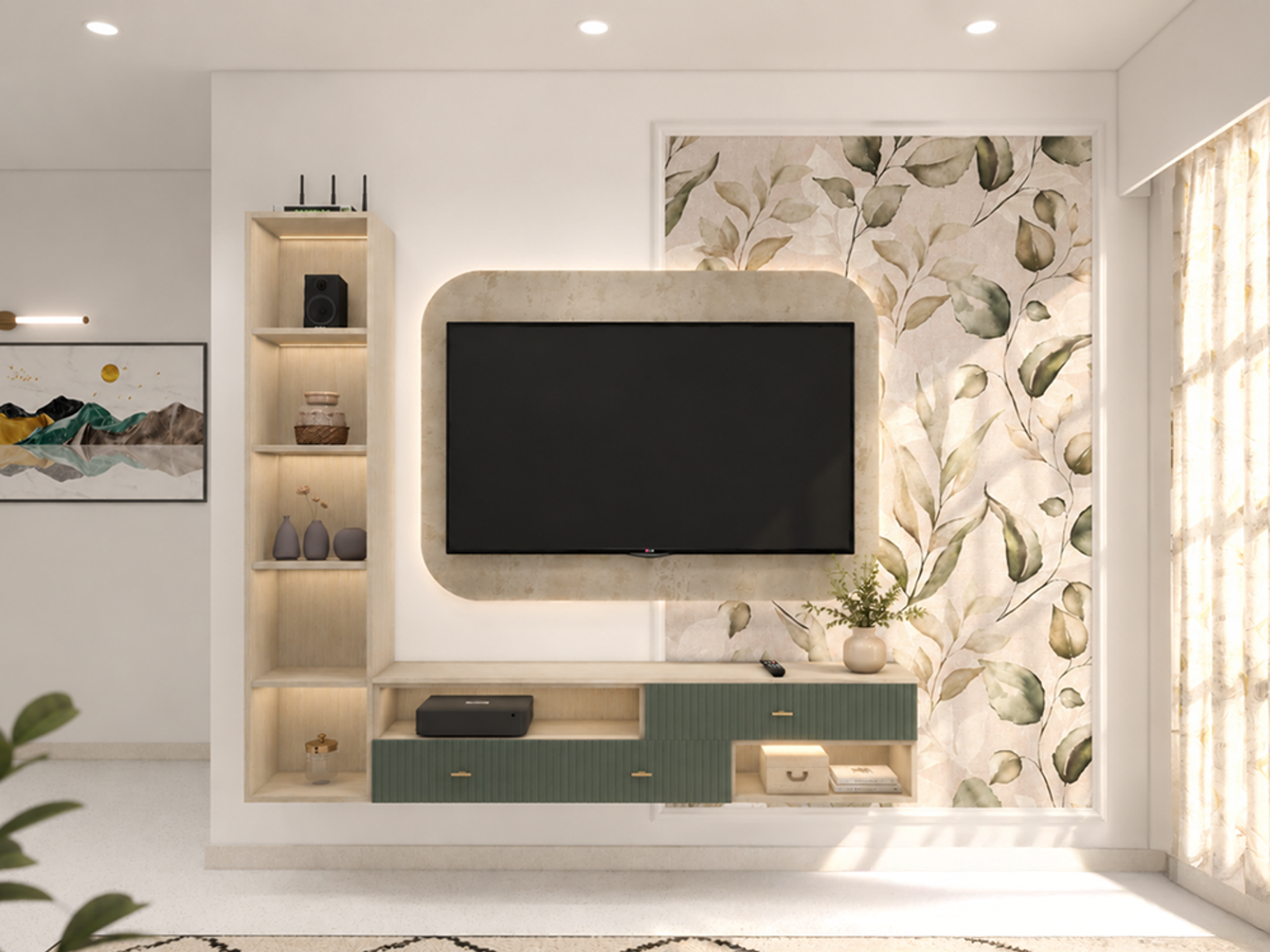 Modern Green TV Unit Design with Fluted Drawers and Botanical Accent
