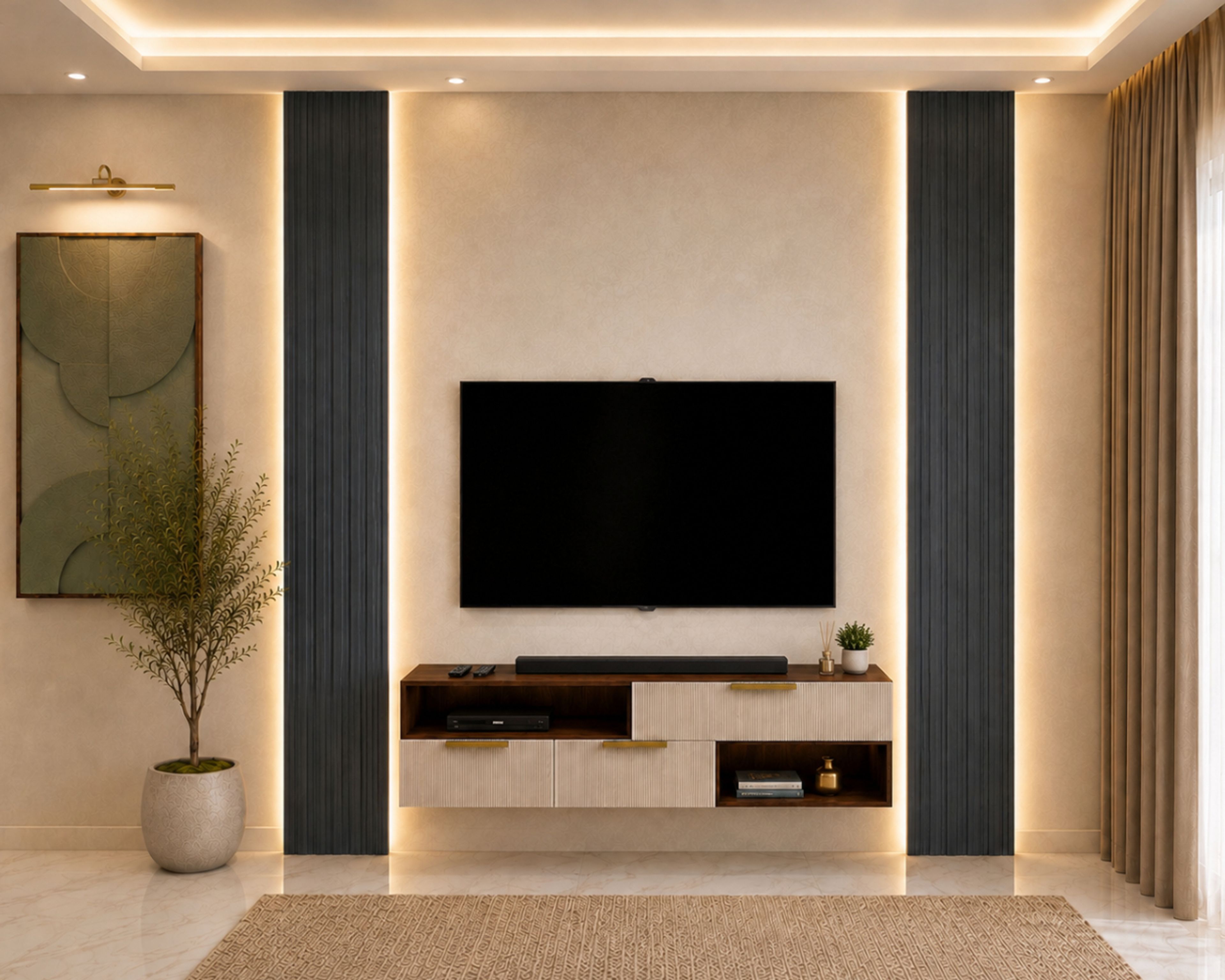 Contemporary Beige TV Unit Design with Charcoal Fluted Pillars
