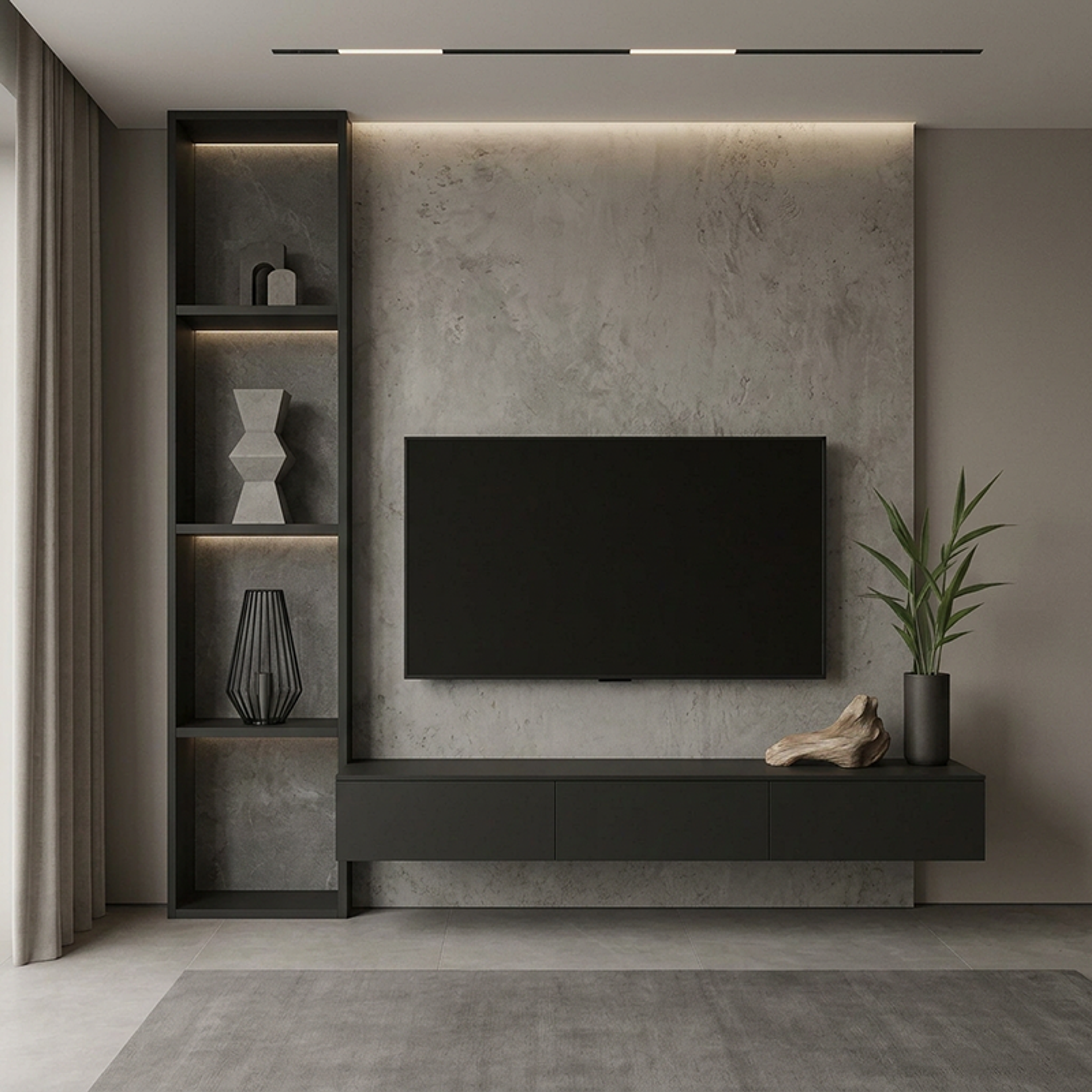 Charcoal TV Unit Design with Floating Console and Tall Open Display Shelves