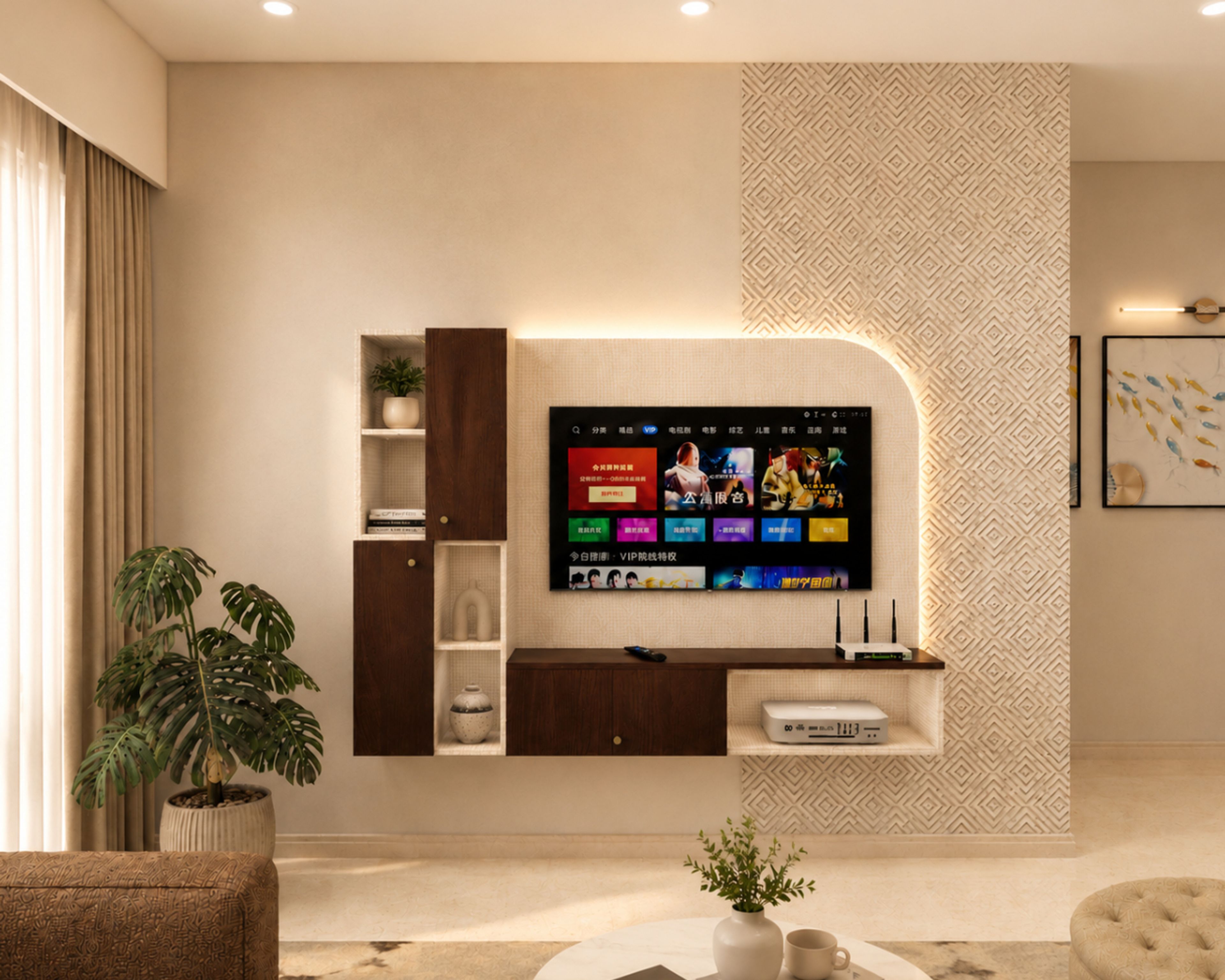 Contemporary Brown TV Unit Design with Arch Backing Board and Cabinets