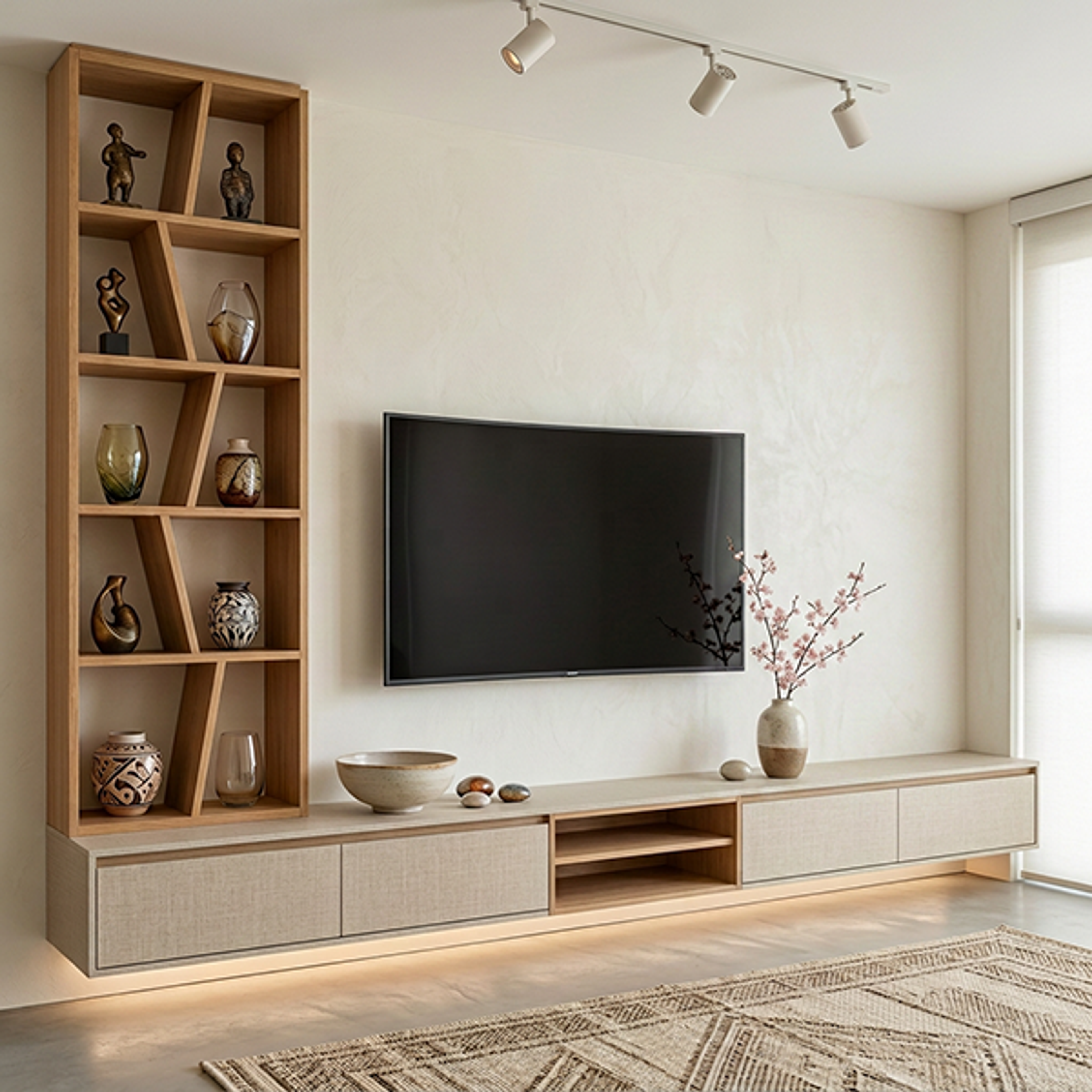 Cambric TV Unit Design with Walnut Bronze Cabinets and Asymmetrical Shelving