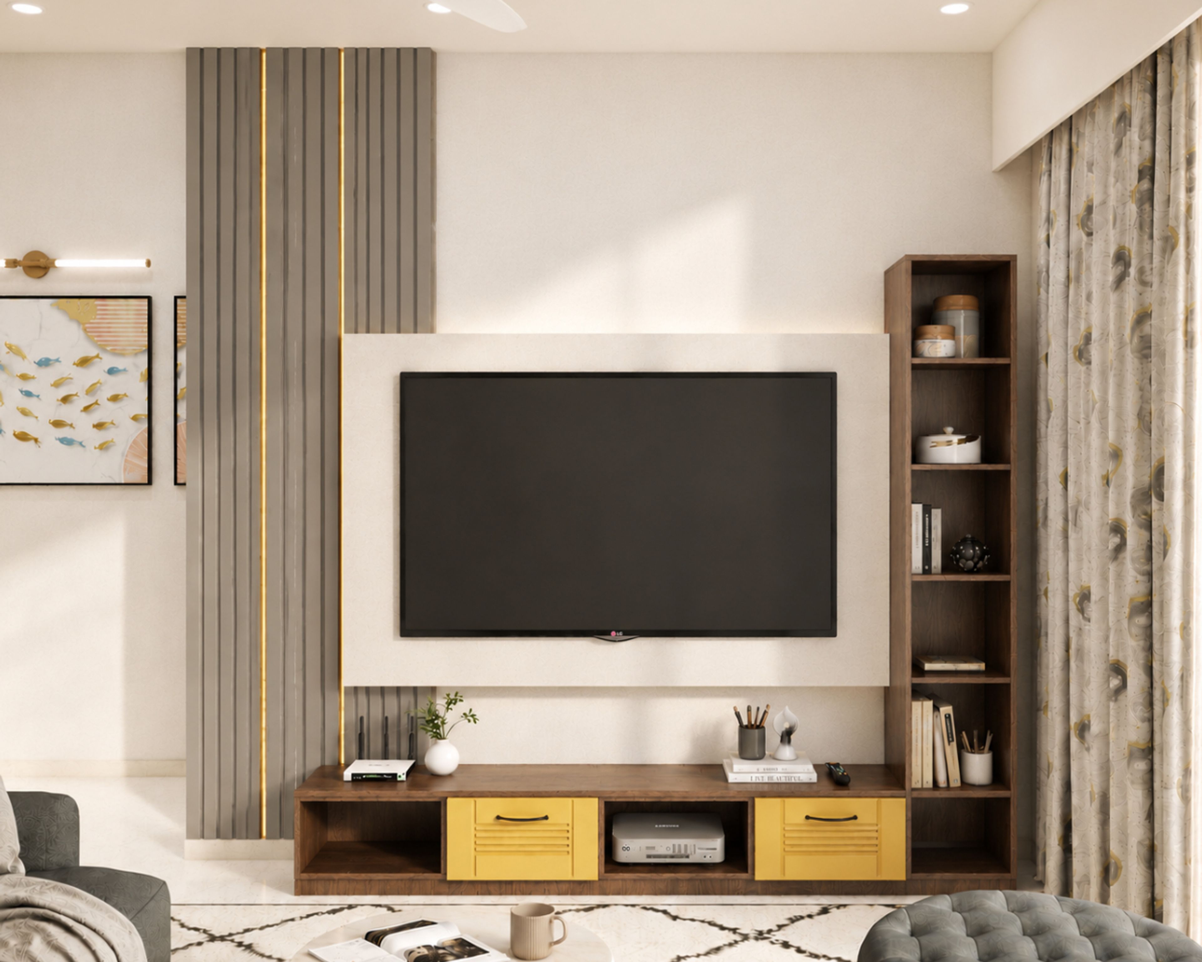 Contemporary Wood TV Unit Design with Tall Bookshelf and Fluted Panel