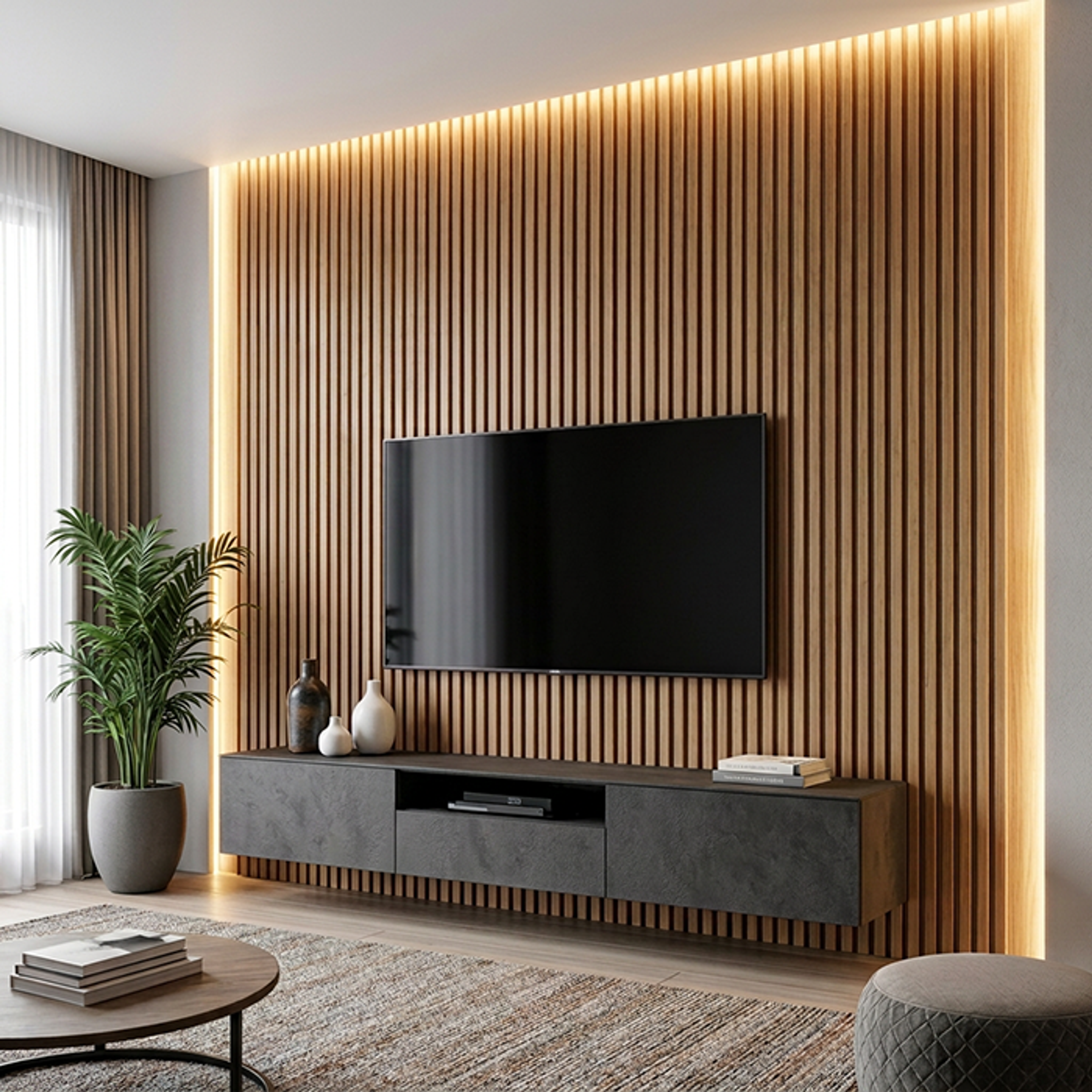 Charcoal TV Unit Design with Floating Console and Warm Wooden Slat Wall
