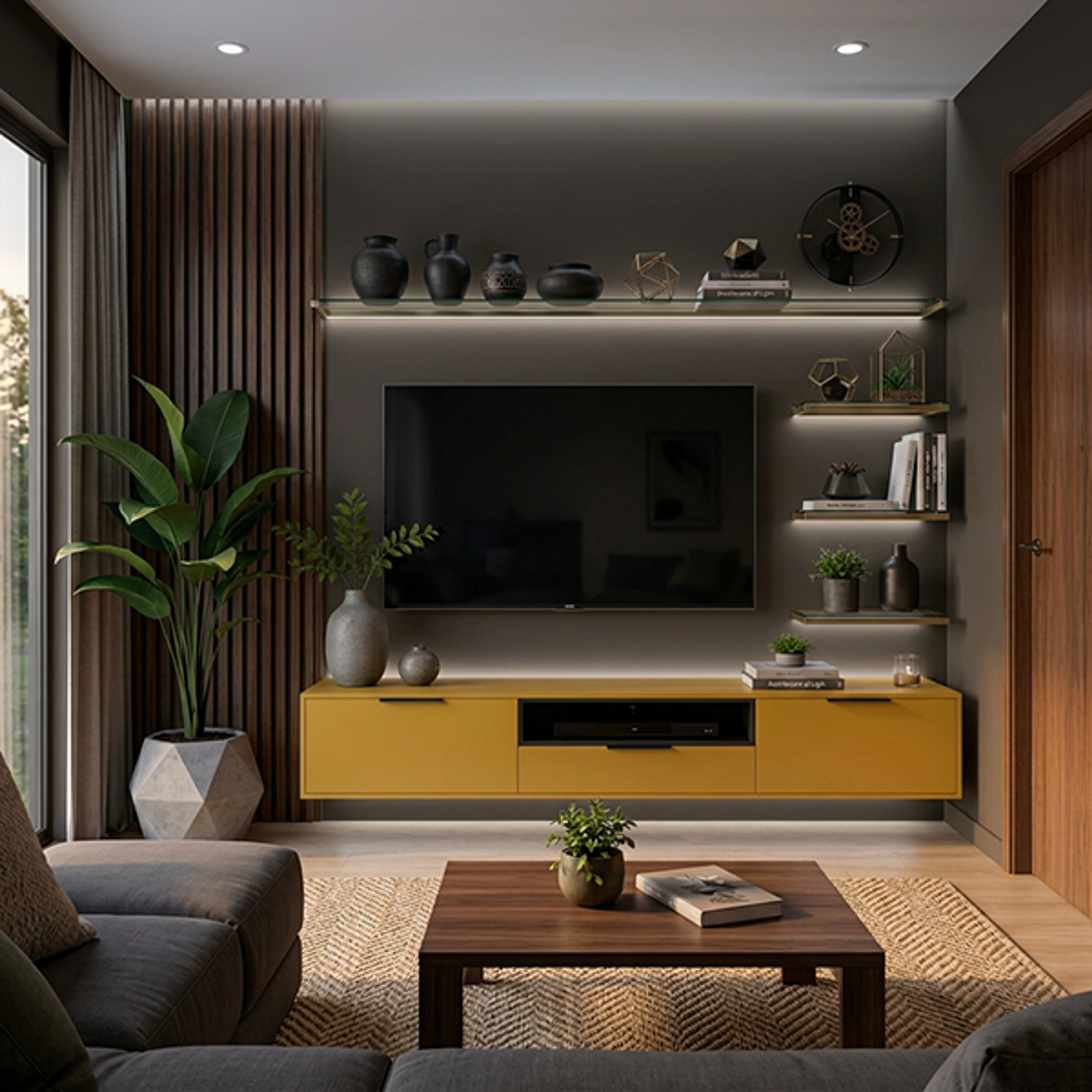 Mustard TV Unit Design with Floating Console and Illuminated Display Niches