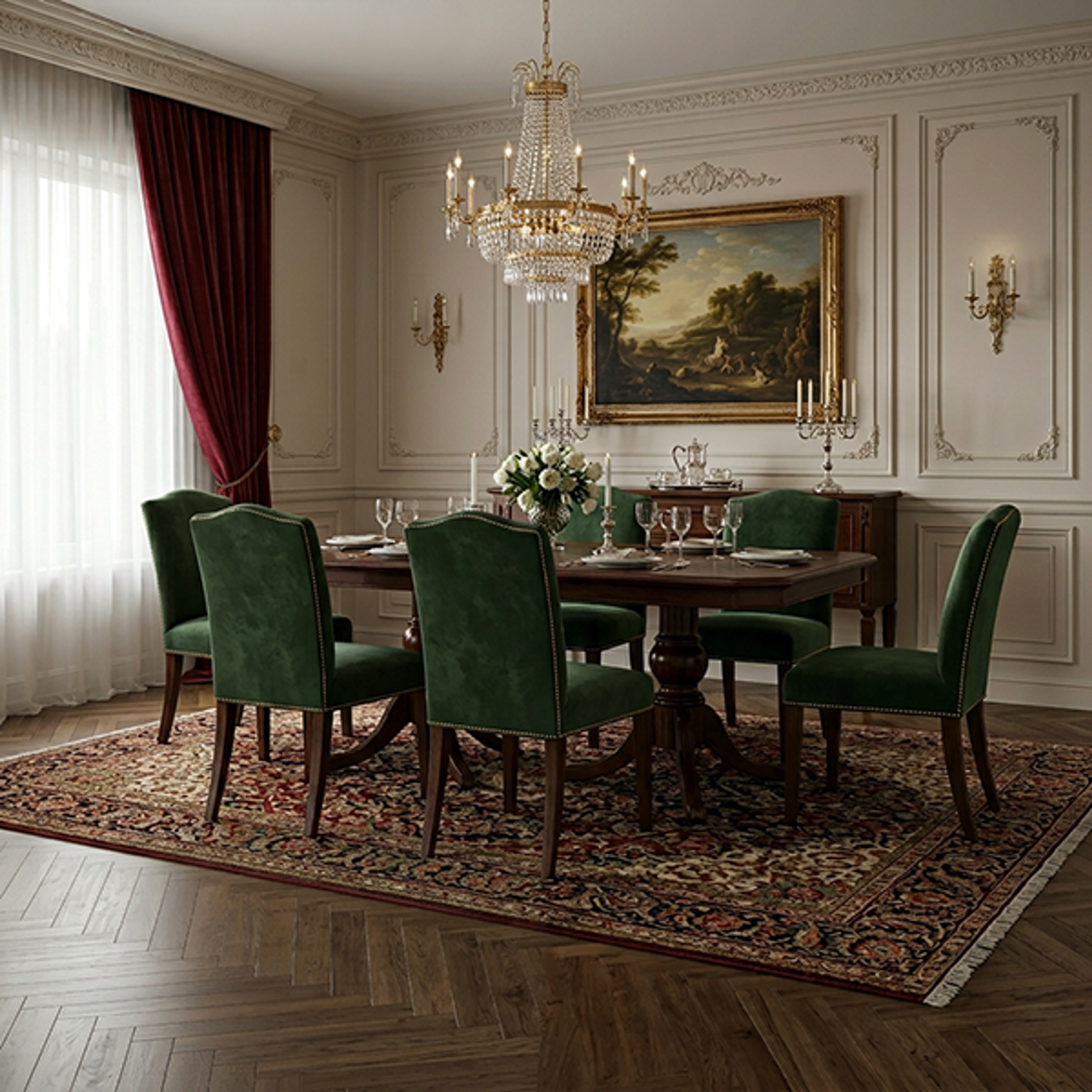 Traditional Ivory Wall Design with Intricate Floral Mouldings and Sconces