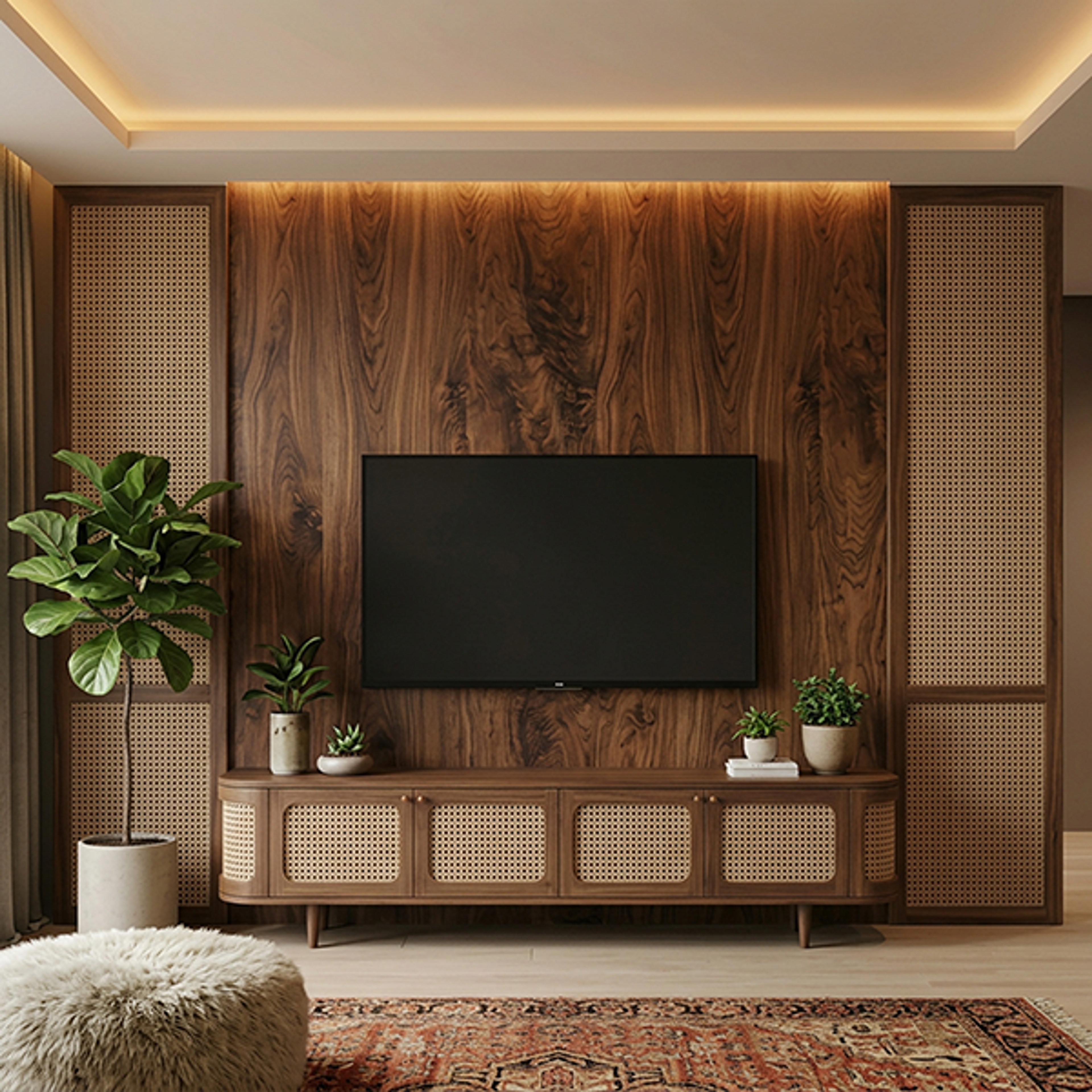Mid-Century Modern Walnut TV Wall Design with Cane Panels and Media Console