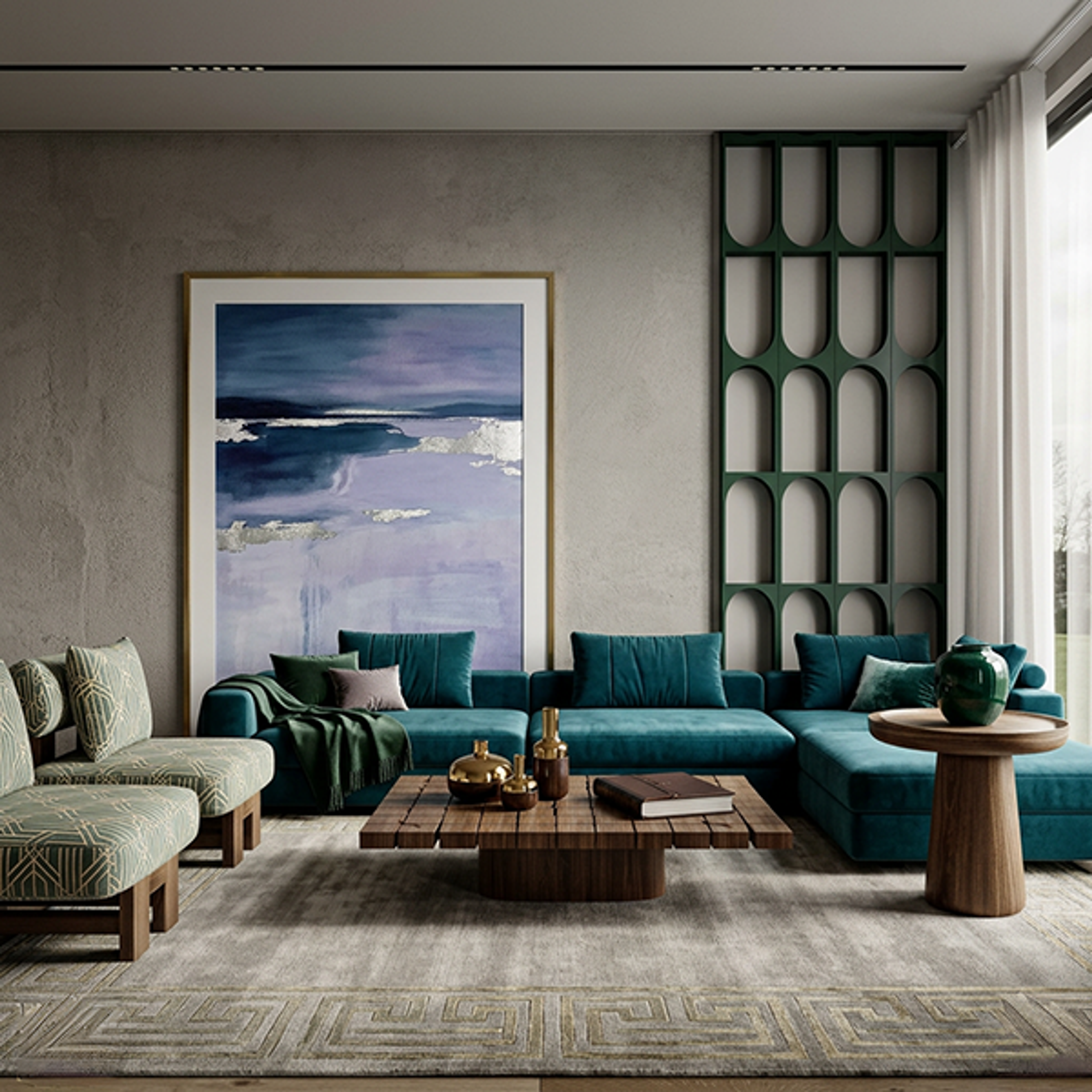 Contemporary Grey Wall Design with Dark Green Arched Shelving and Art