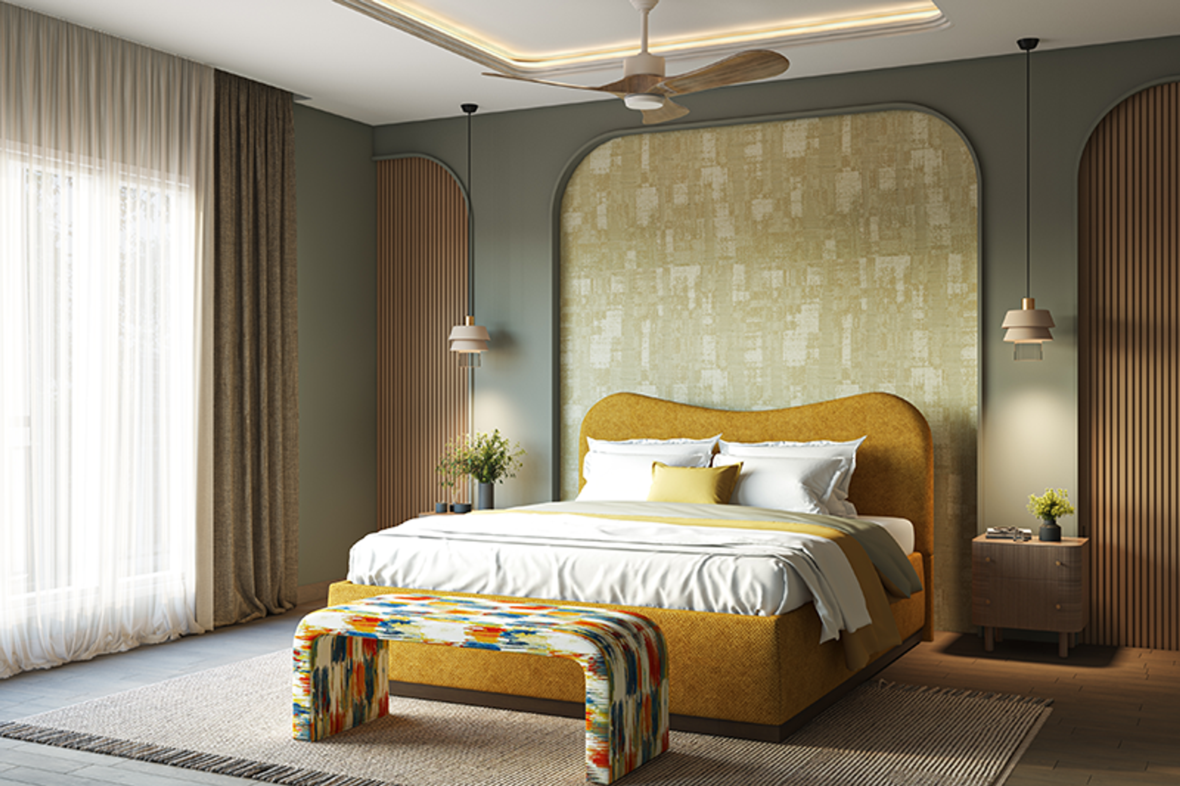 Arched Wall Design with Textured Wallpaper and Fluted Panels