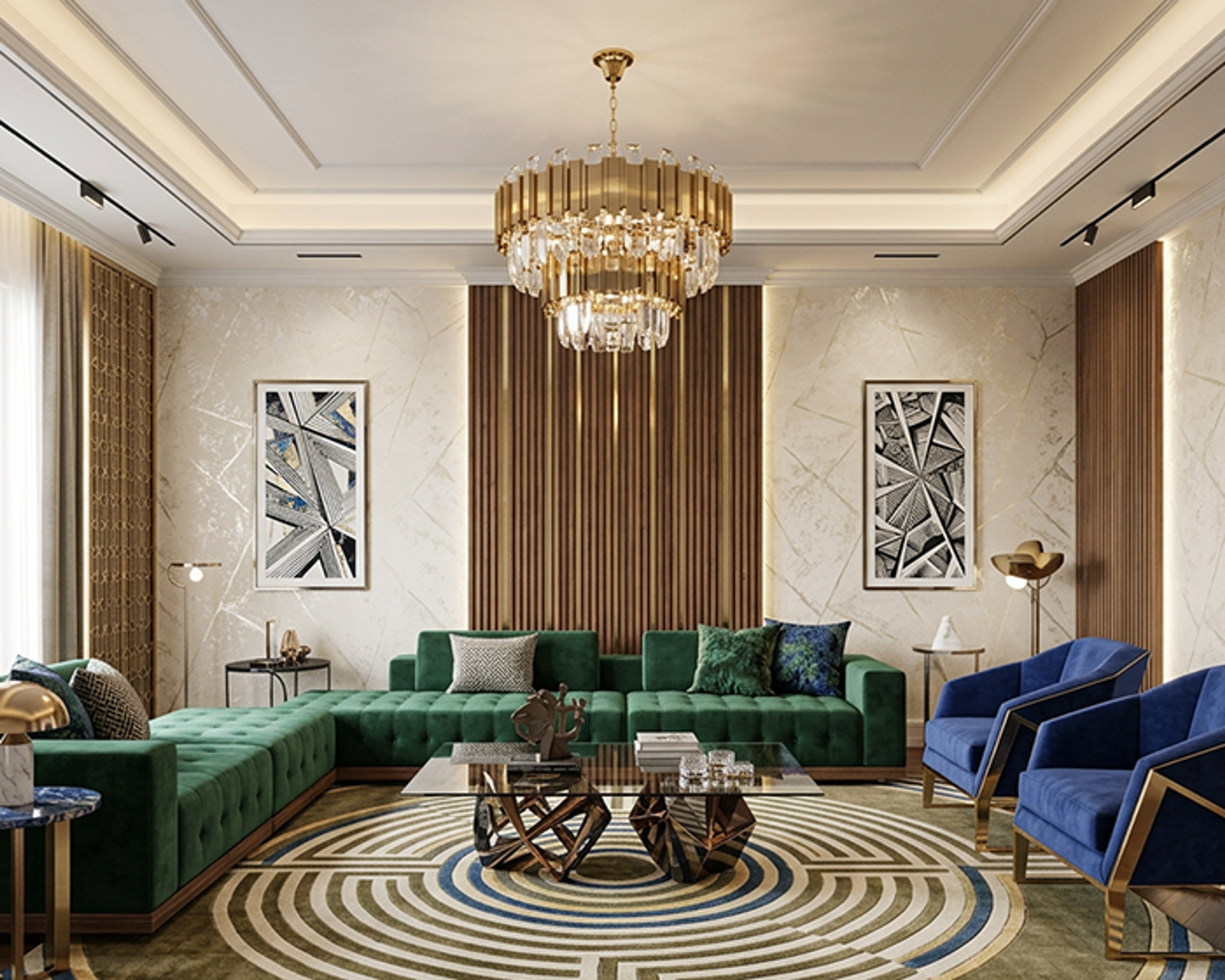 Fluted Panel Living Room Wall Design with Marble Accent