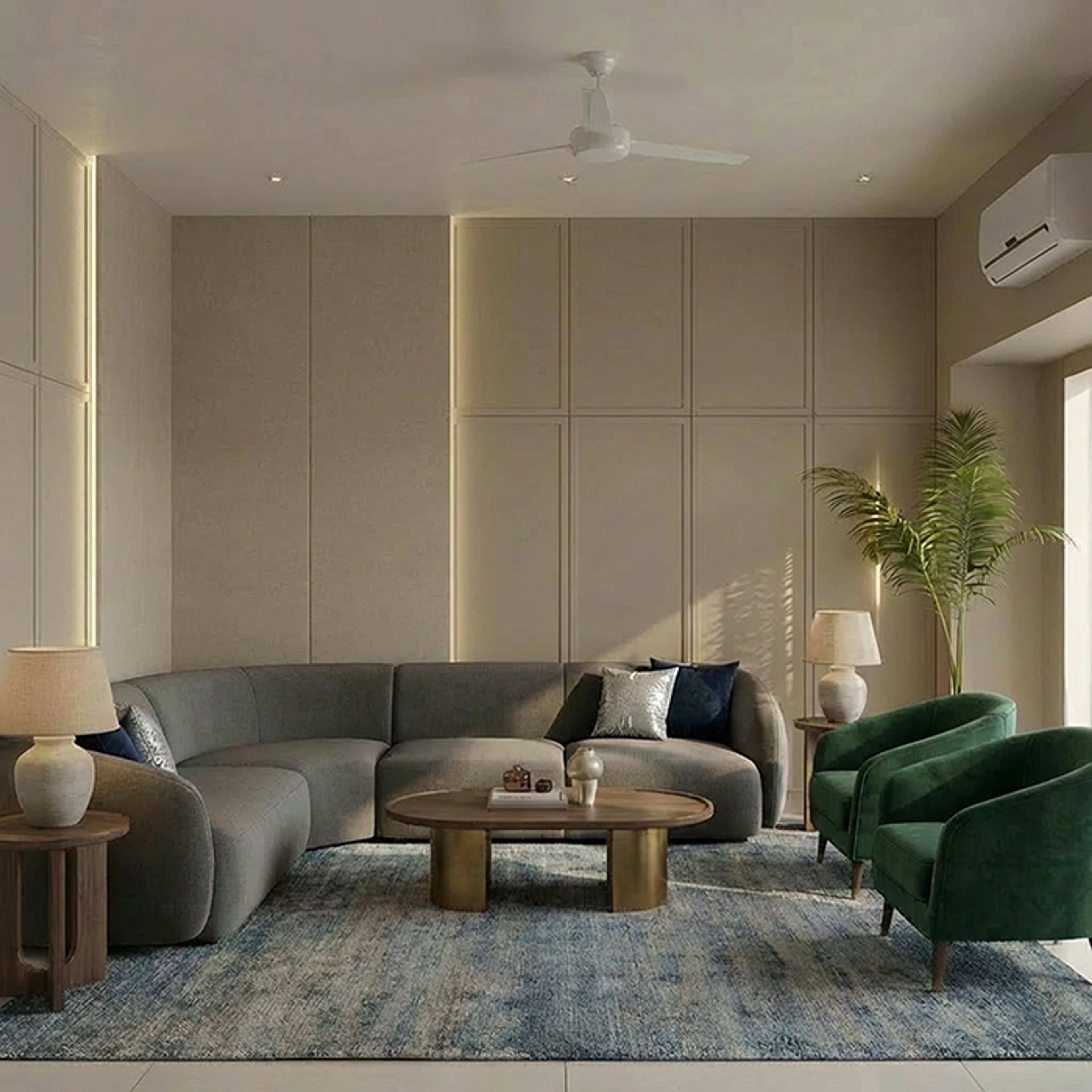 Contemporary Greige Wall Paint Design with Concealed Panel Lighting