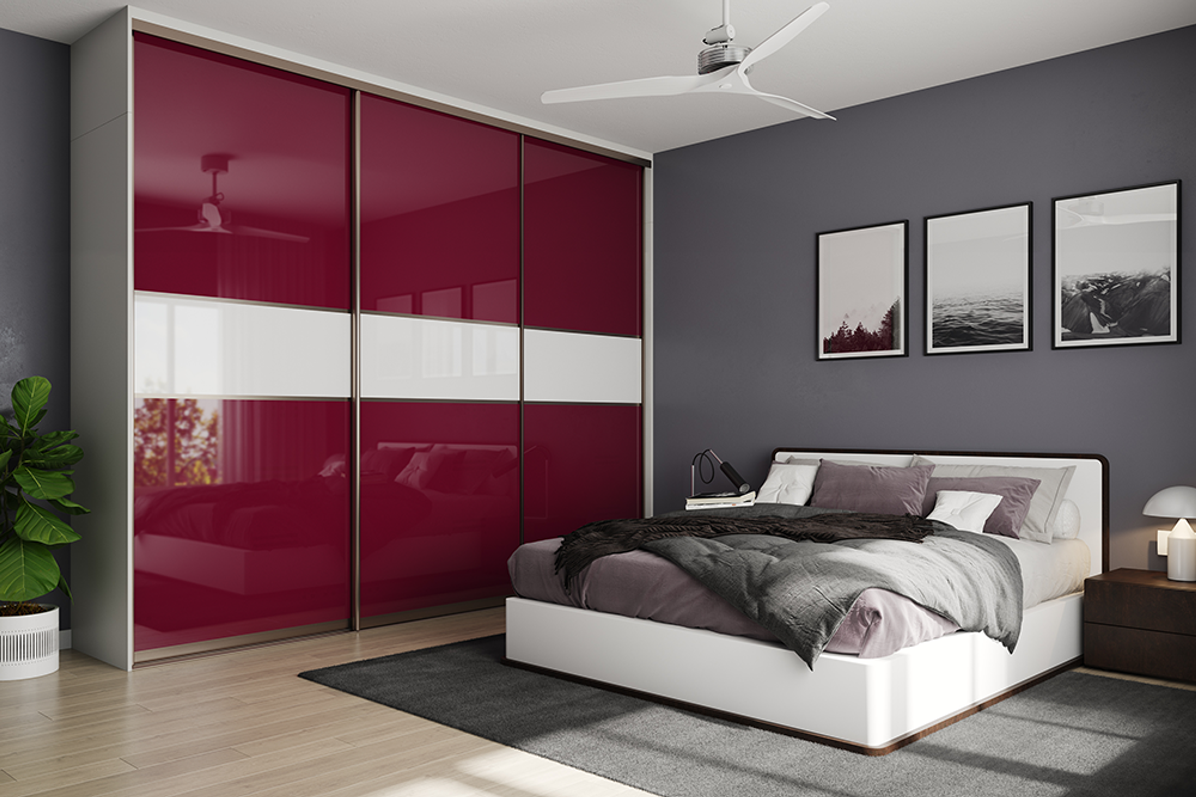 Charcoal Grey Wall Paint Design with Burgundy Wardrobe in Bedroom