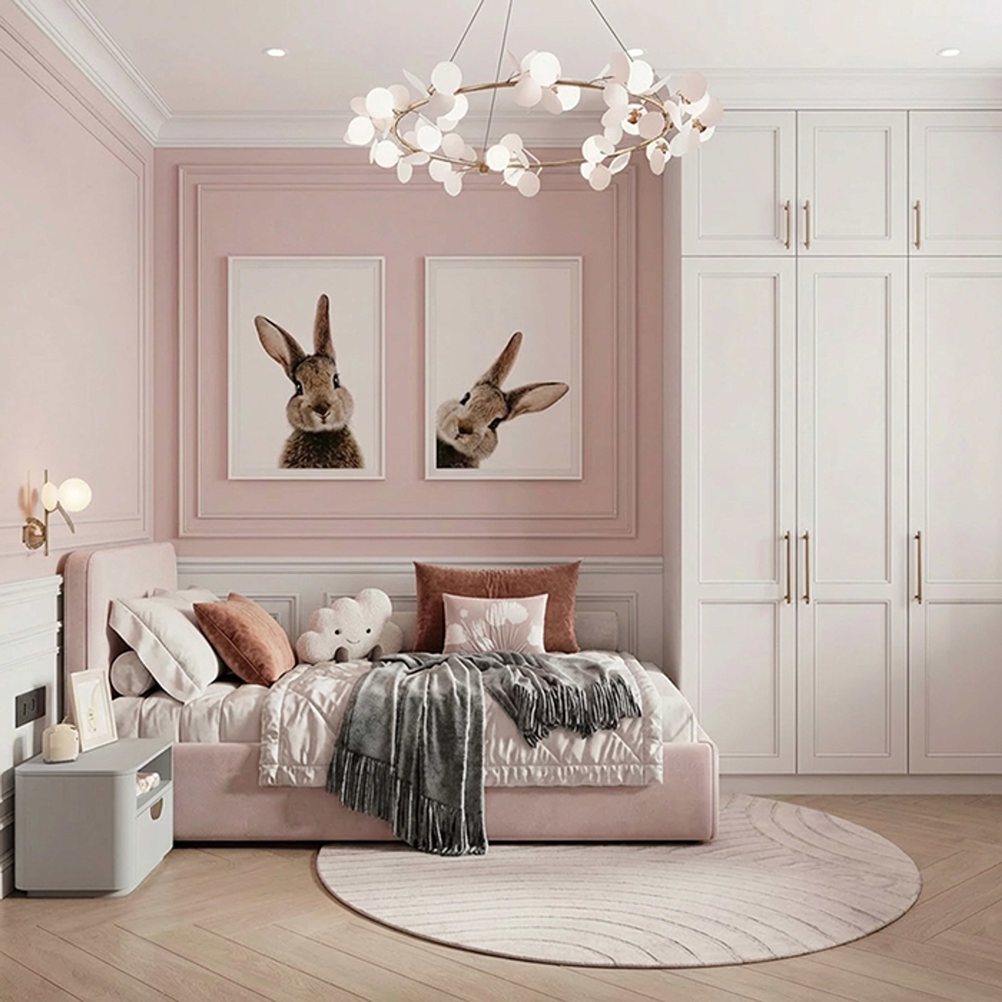 Blush Pink Wall Paint Design with White Wardrobe and Ornamental Lighting