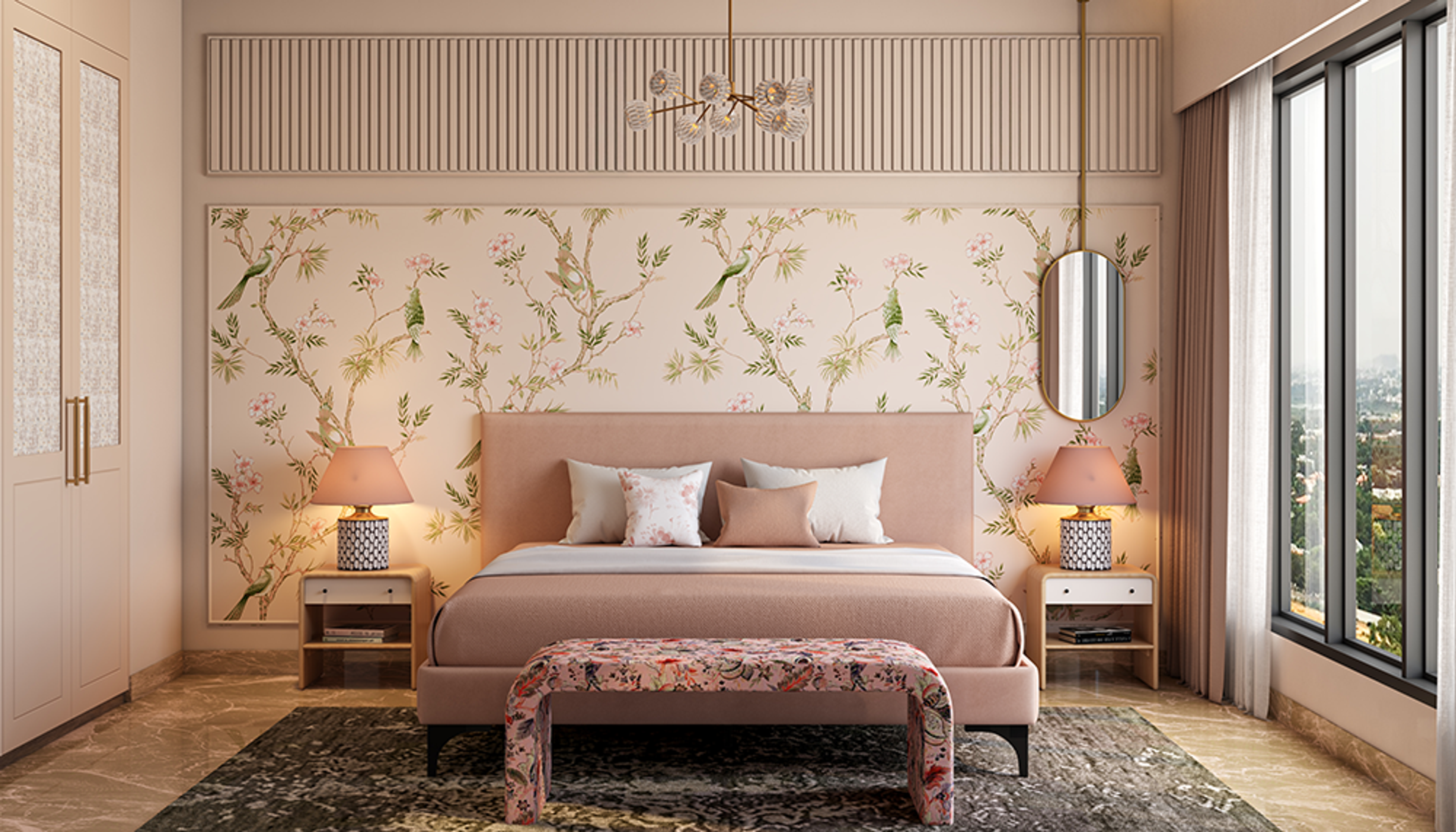 Floral Bedroom Wallpaper Design with Botanical Branch Patterns