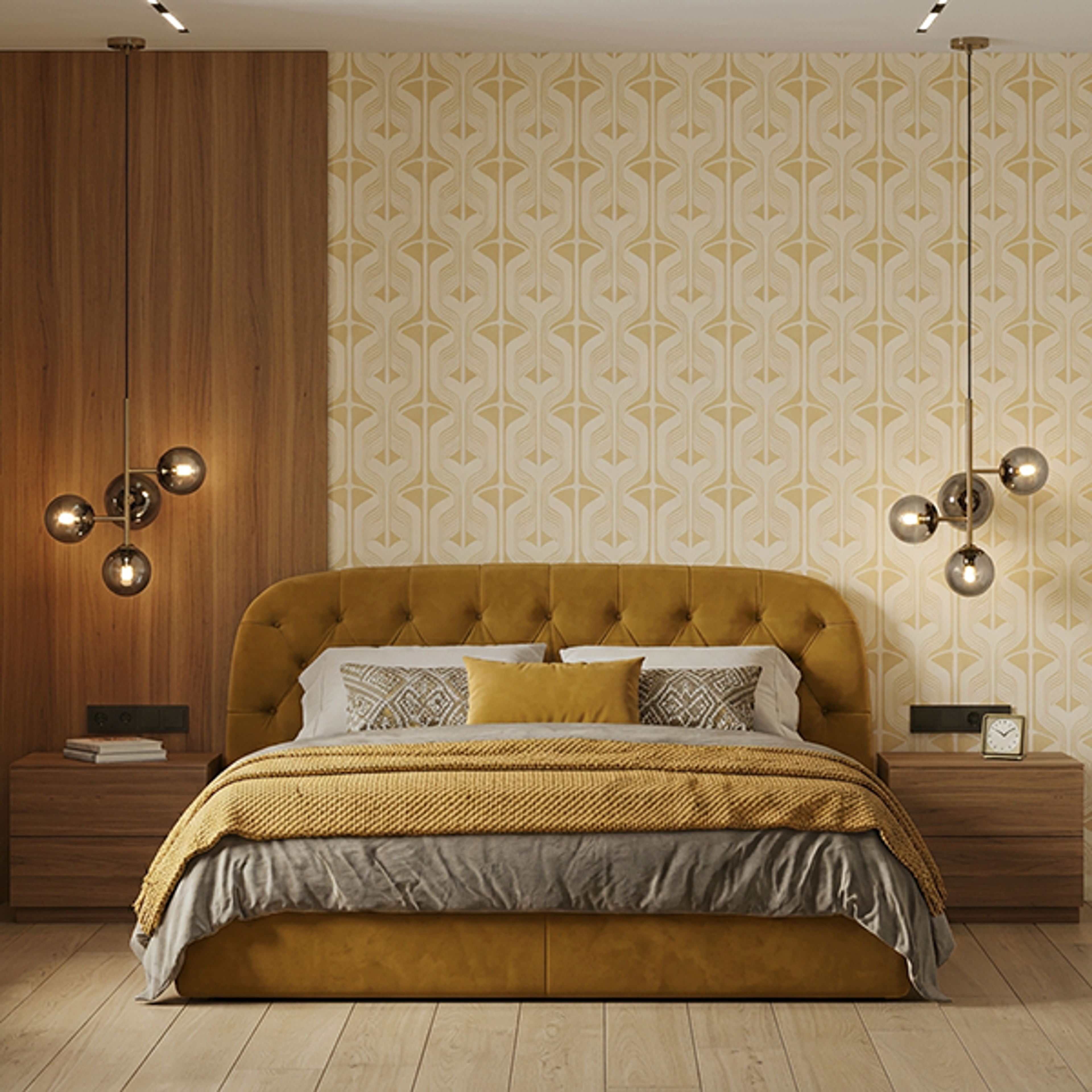 Geometric Wallpaper Design in Mustard Yellow and Beige