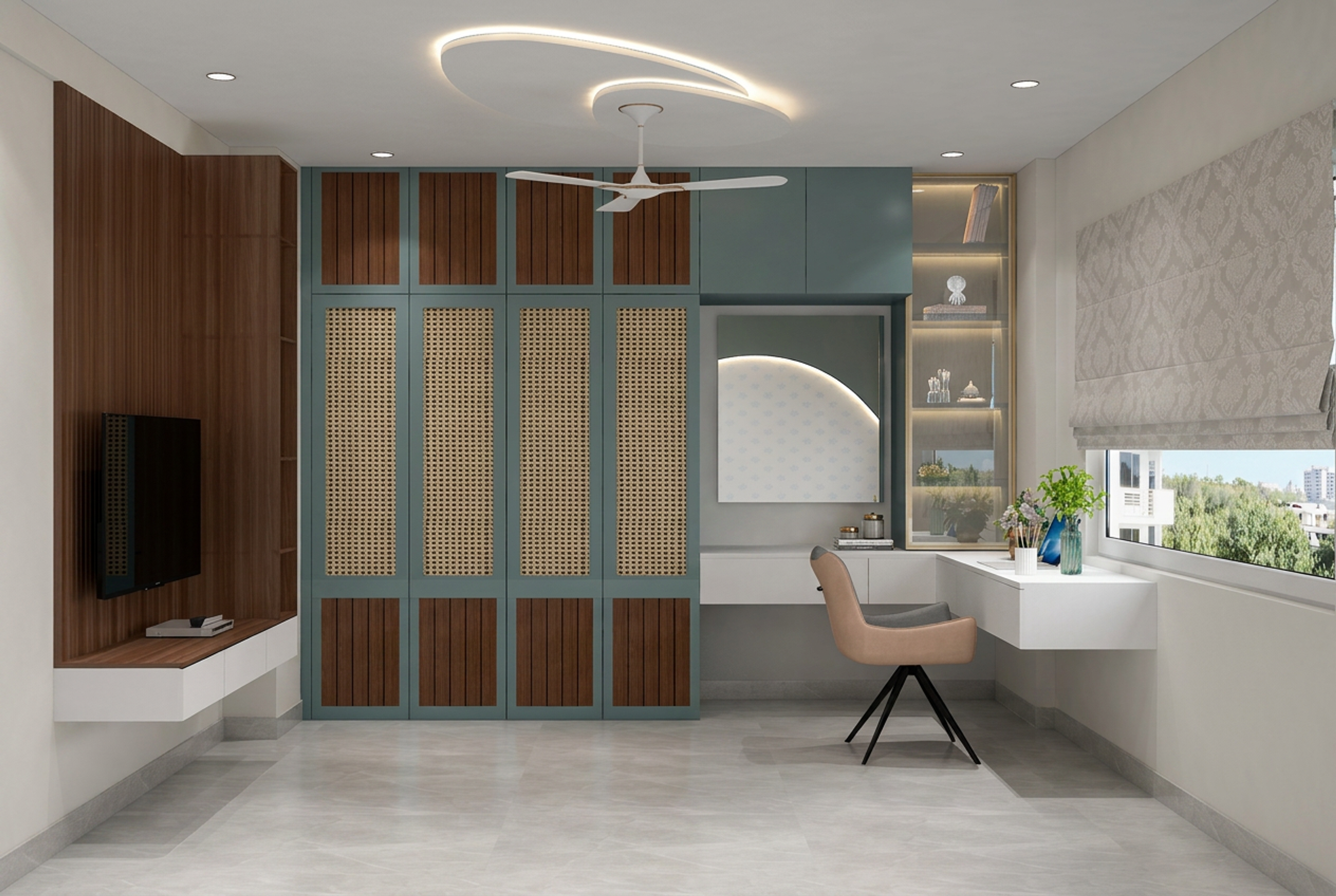 Contemporary Home Office Design with Wardrobe and Fluted TV Unit