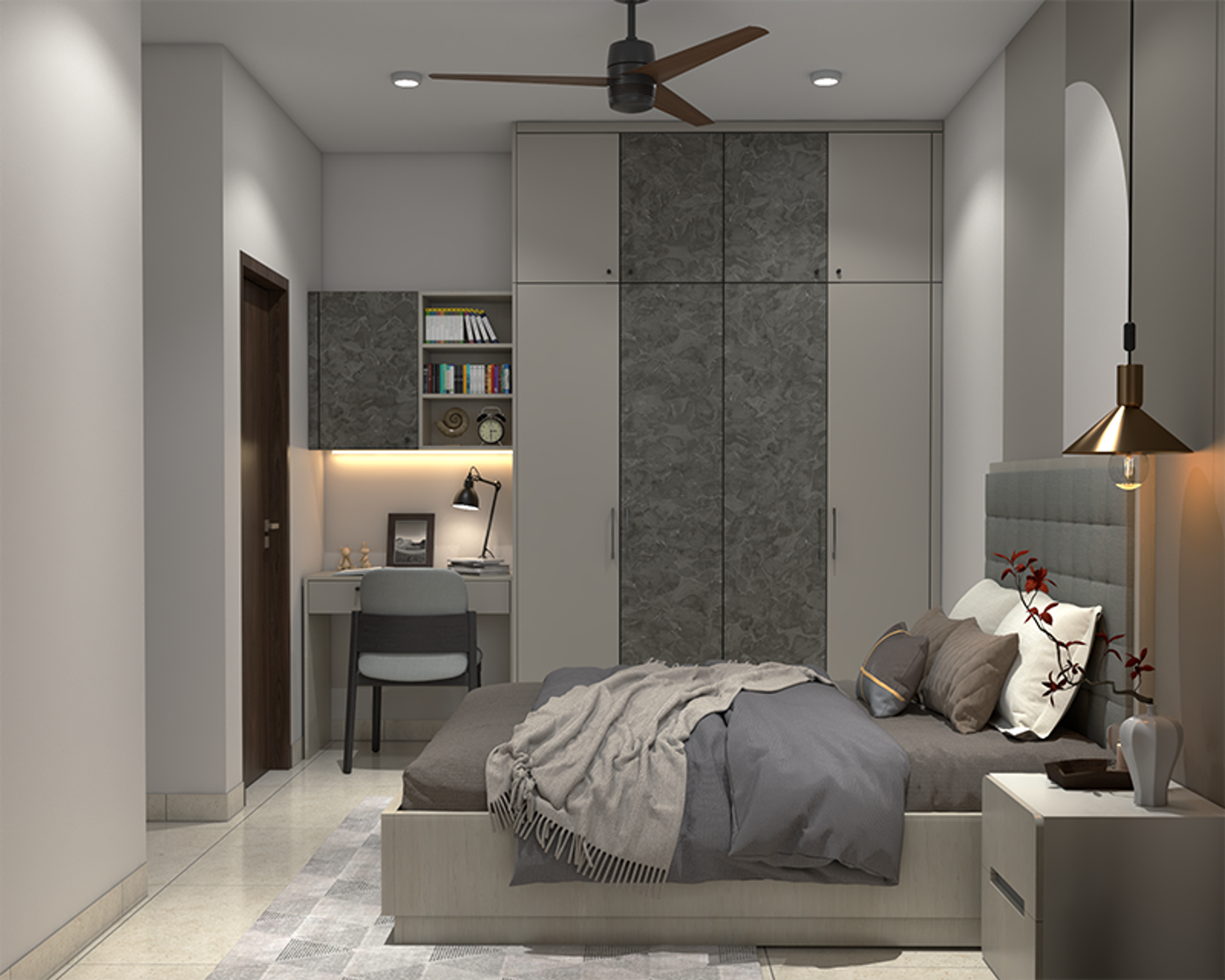 Modern 4-Door Swing Wardrobe Design with Irish Brown Marble and Grey
