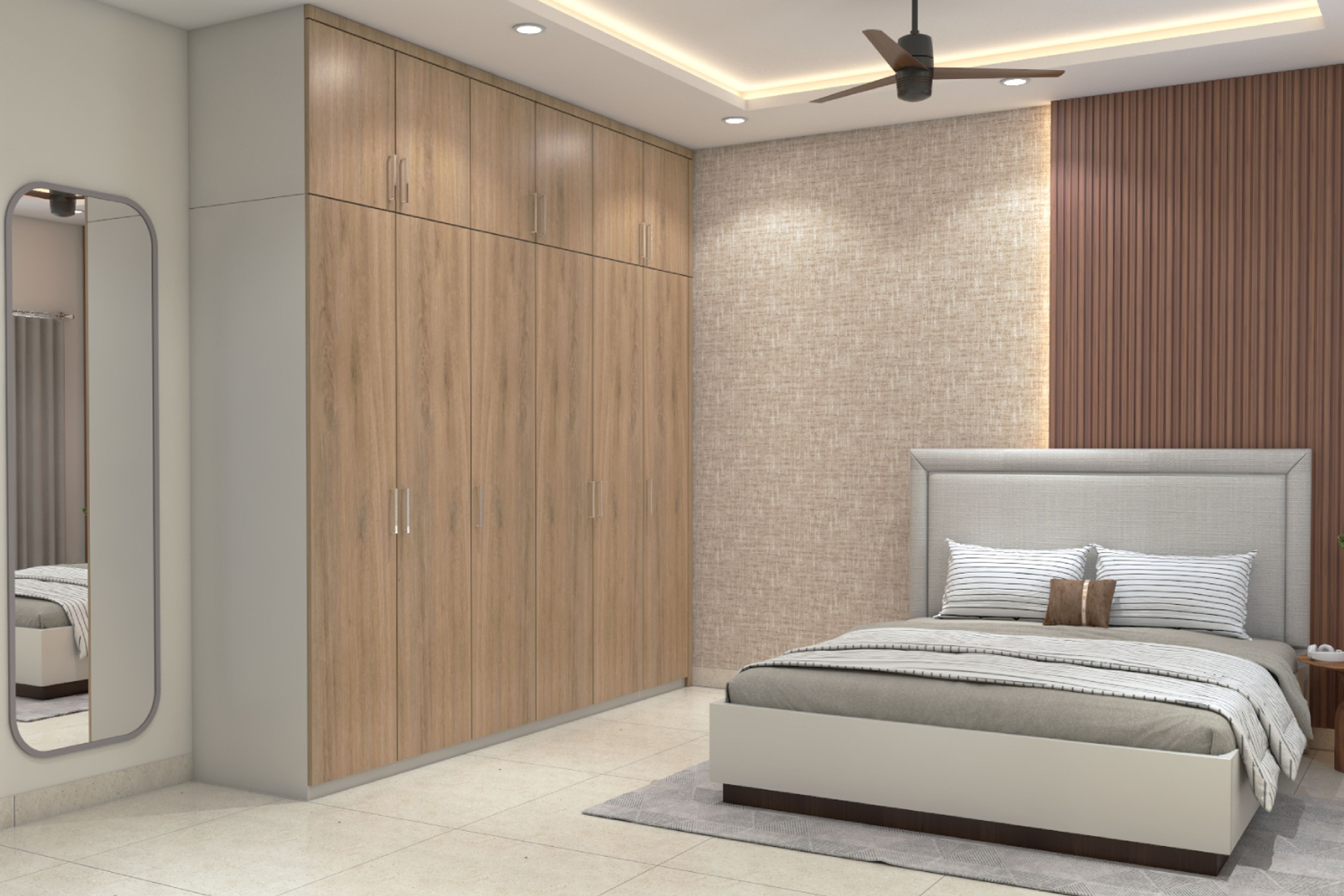 Oak 6-Door Swing Wardrobe Design with Floor-to-Ceiling Storage for Master Bedroom.