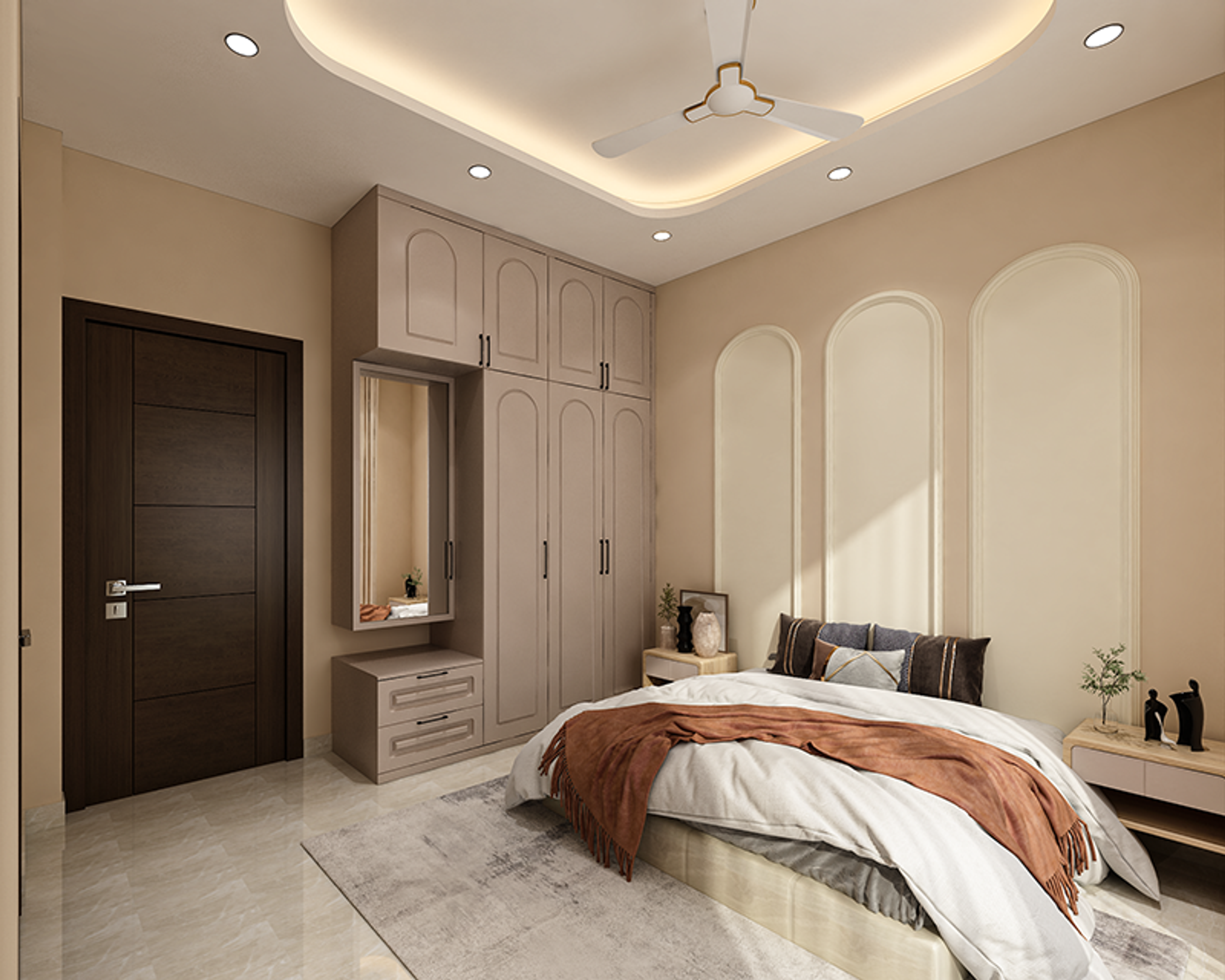 3-Door Contemporary Swing Wardrobe Design with Brown Finish and Dresser