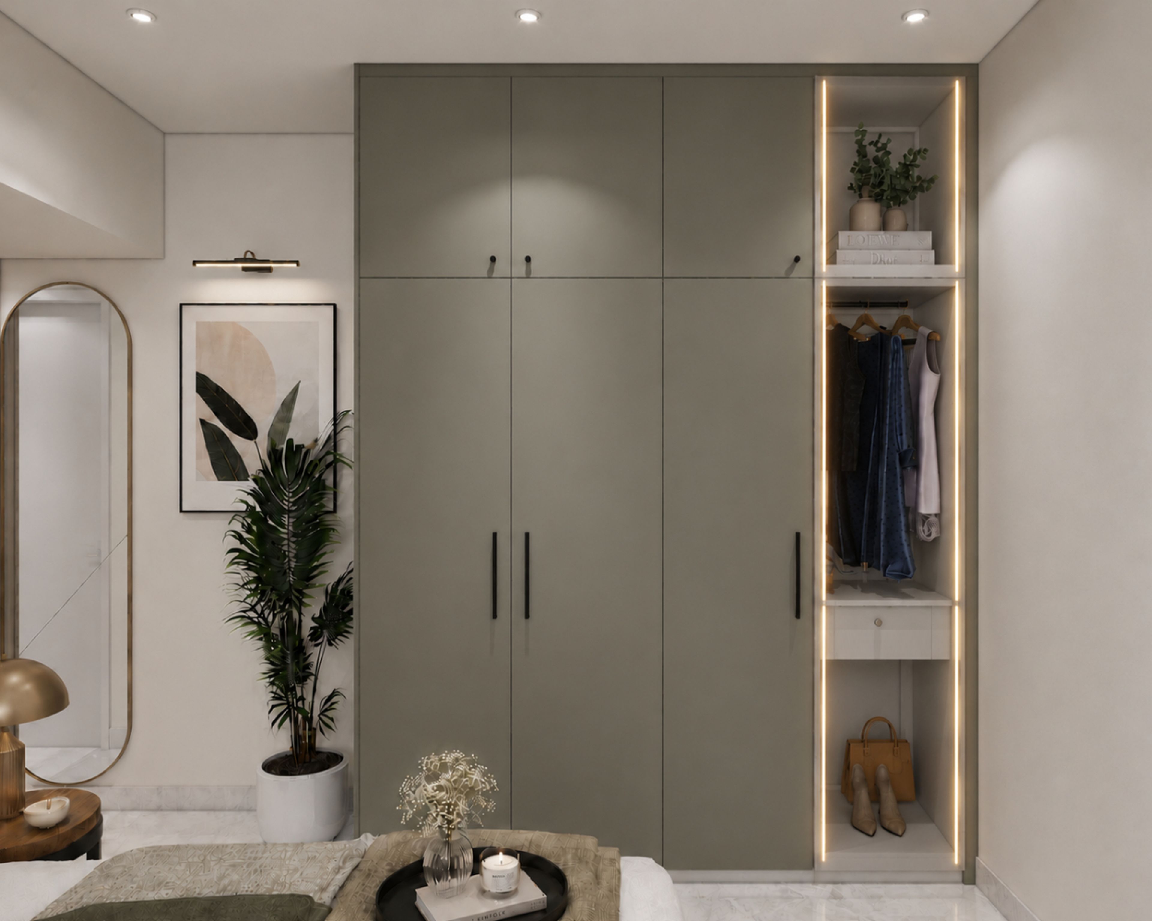 4 Door Grey Wardrobe Design with  Glass Doors