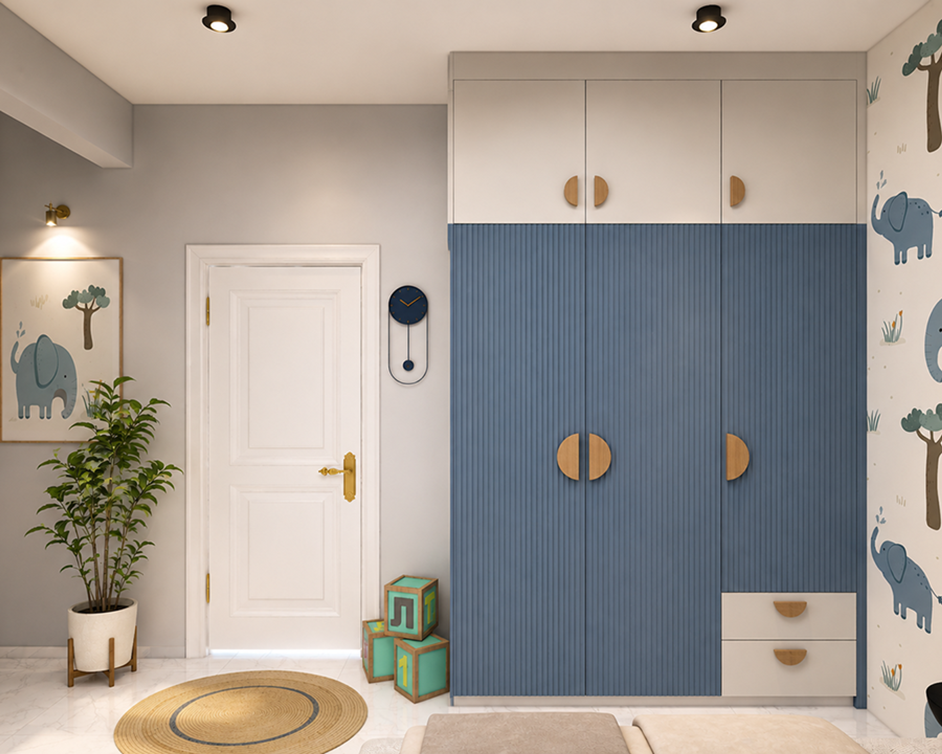 Blue and White 3-Door Swing Wardrobe with Fluted Shutters