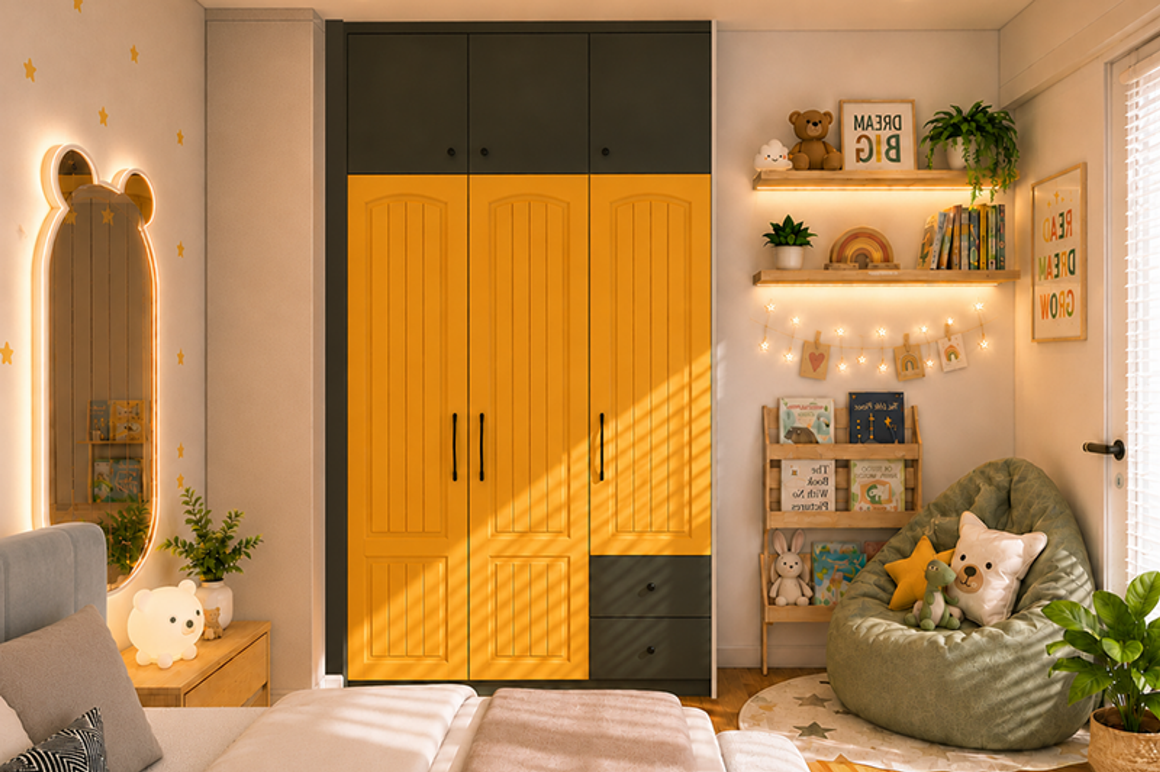 Yellow and Grey 3-Door Swing Wardrobe with Drawers