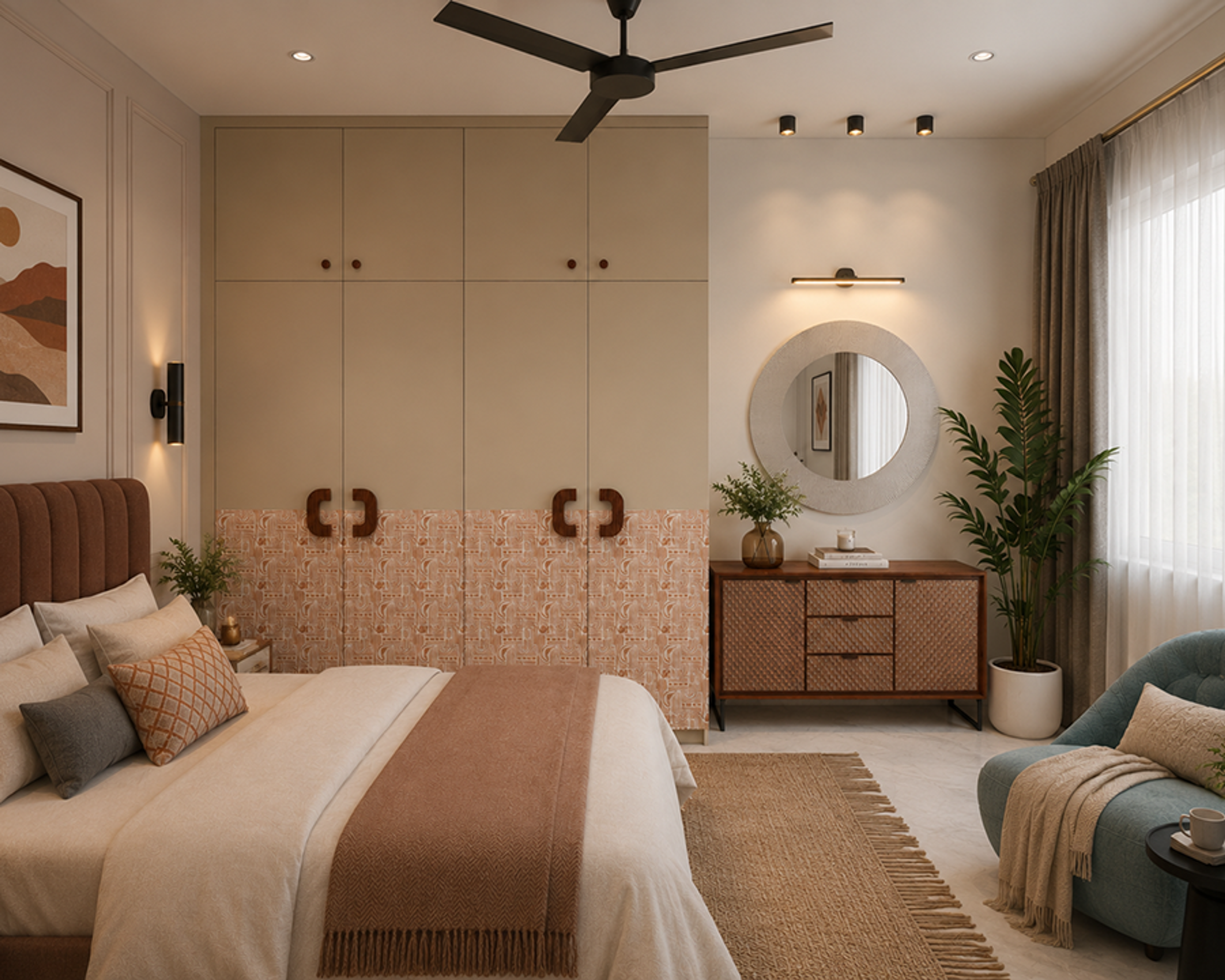 Cream 4-Door Swing Wardrobe with Patterned Lower Panels