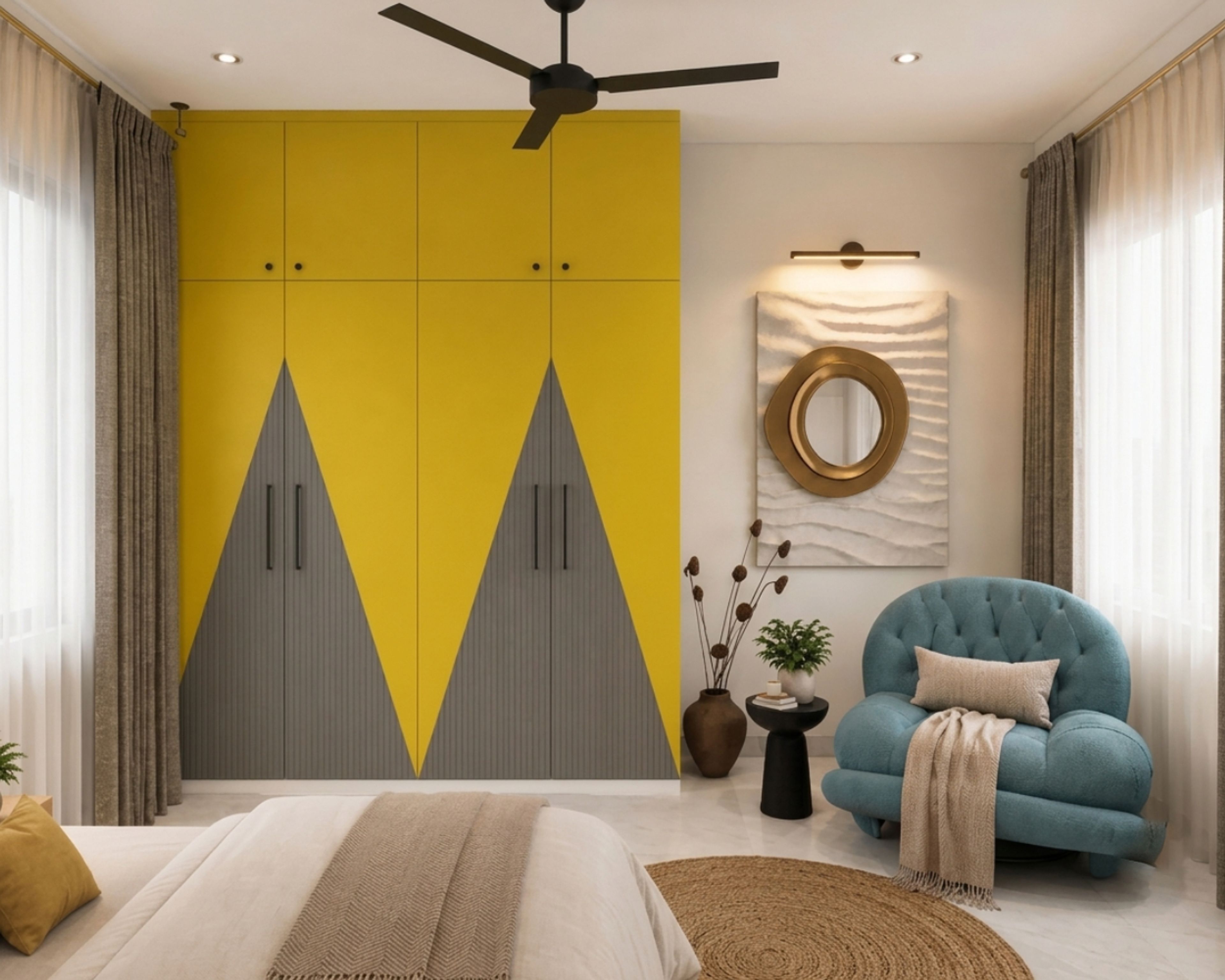 Modern Yellow and Grey Fluted Swing Wardrobe Design with Fluted Panels