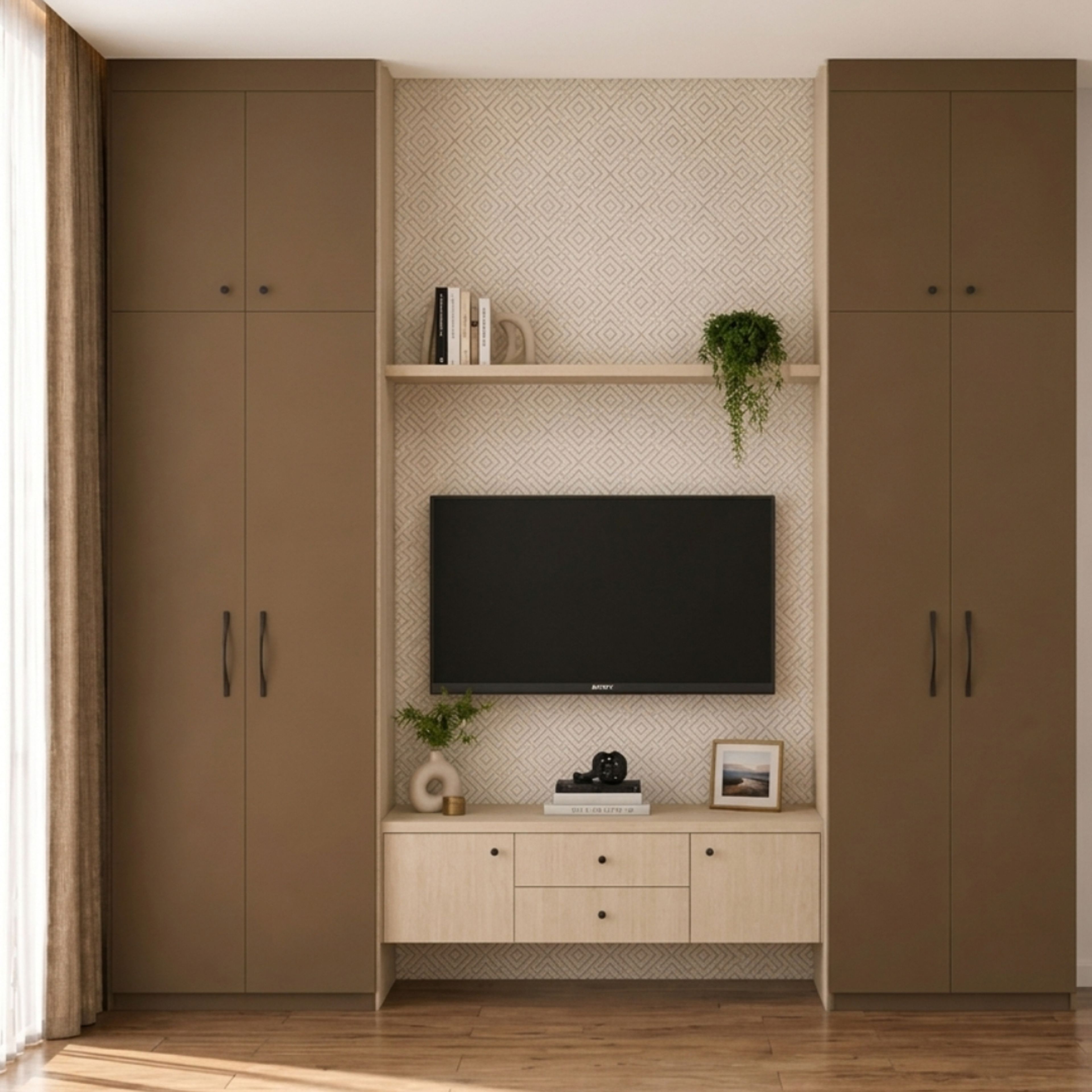 Contemporary Tan and Acacia Swing Wardrobe Design with TV Console