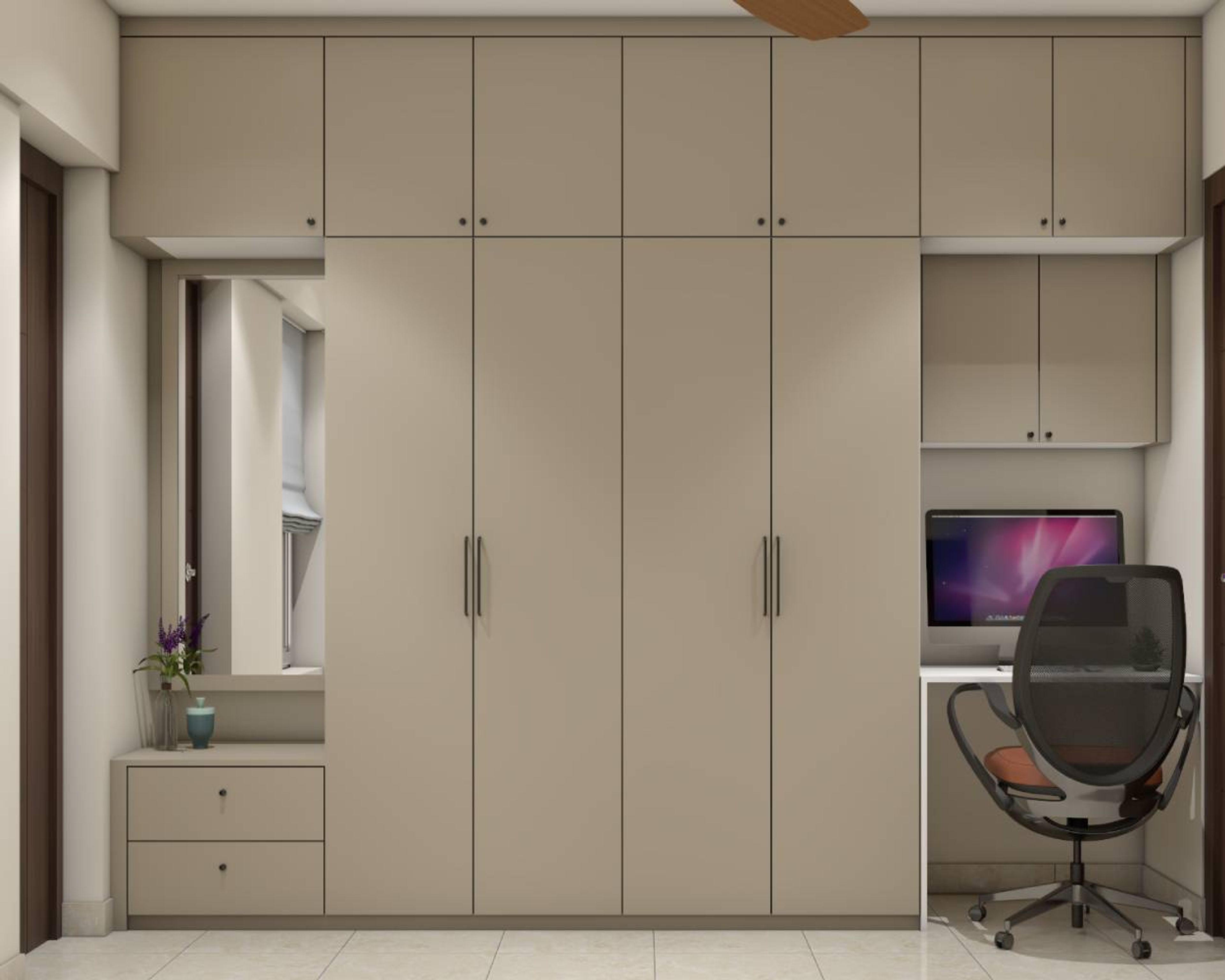 Light Beige 4-Door Swing Wardrobe Design with Dual Cabinets