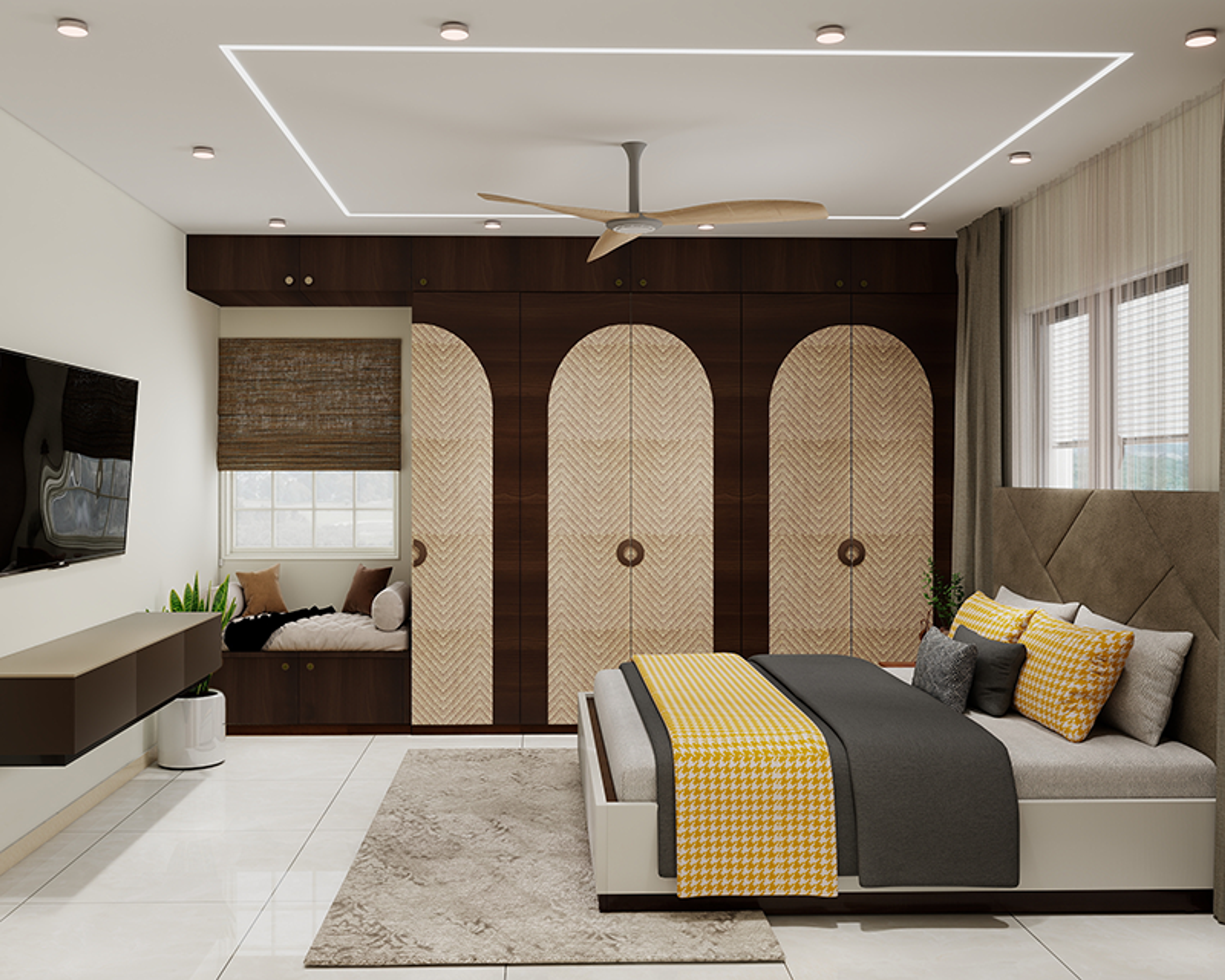 Contemporary 5-Door Swing Wardrobe Design with Walnut and Rattan Cane Inserts