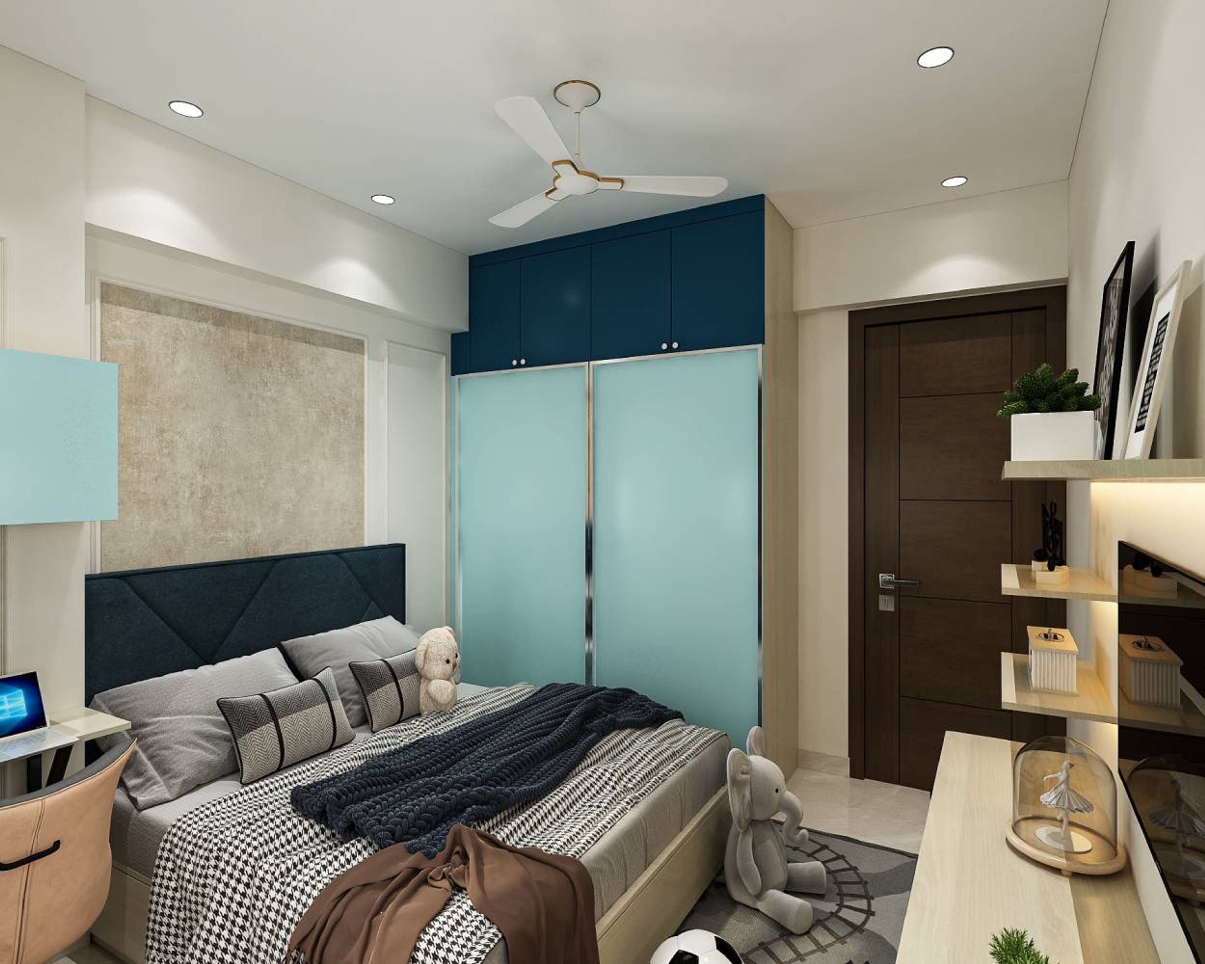 Contemporary Blue 2-Door Sliding Wardrobe Design with Loft