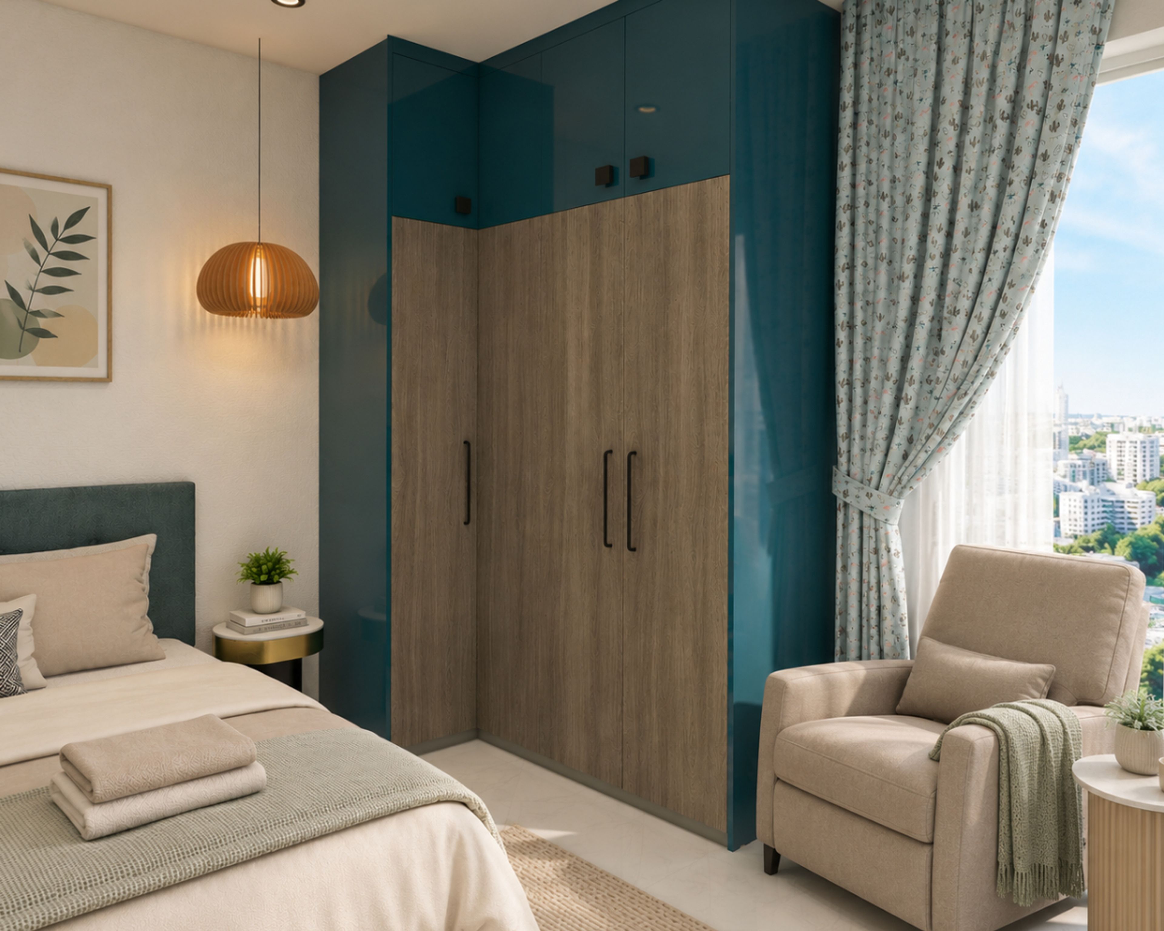 Contemporary Blue and Oak Swing Wardrobe Design with High-Gloss Finish