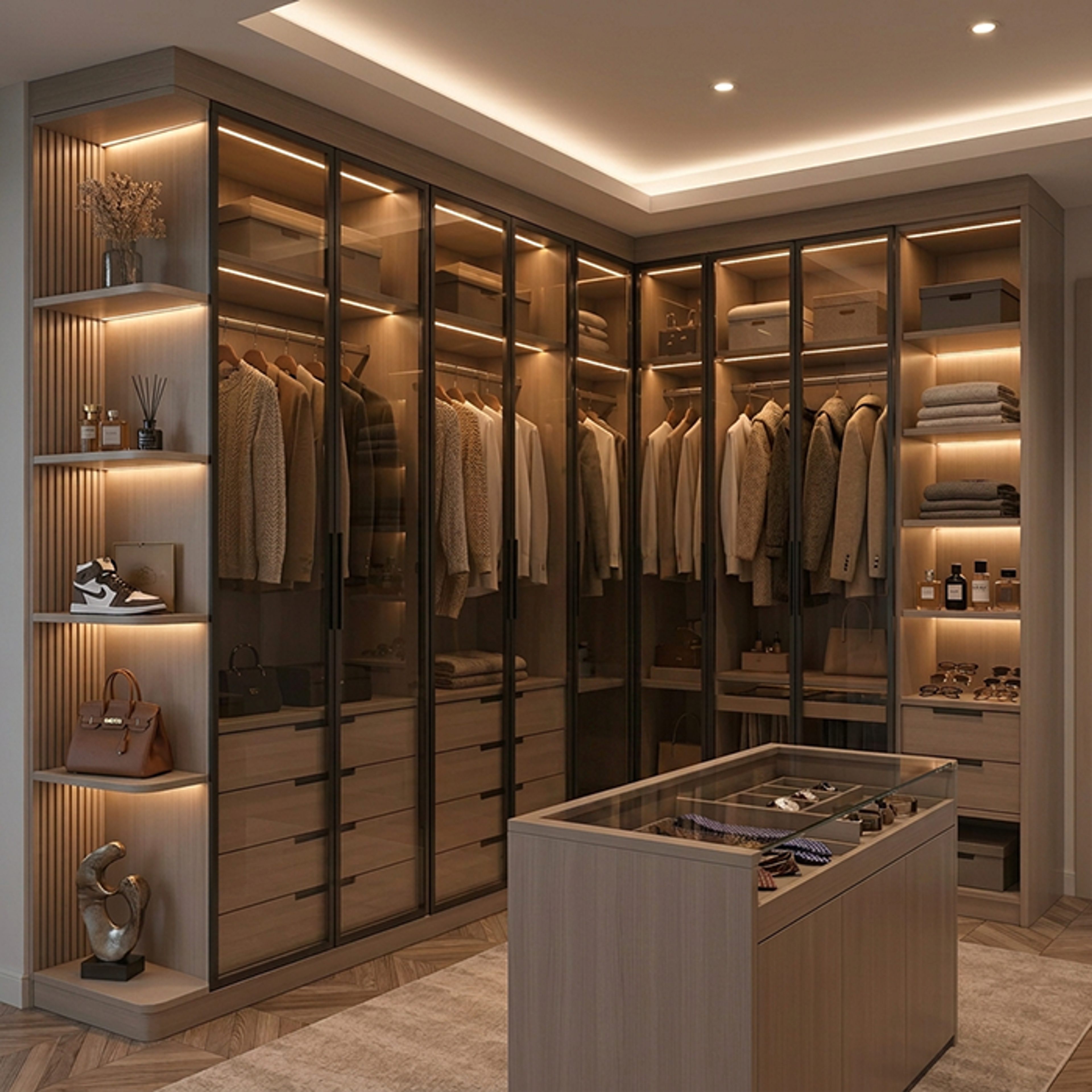 8-Door Modern Swing Wardrobe Design with Wood Finish and Glass Shutters