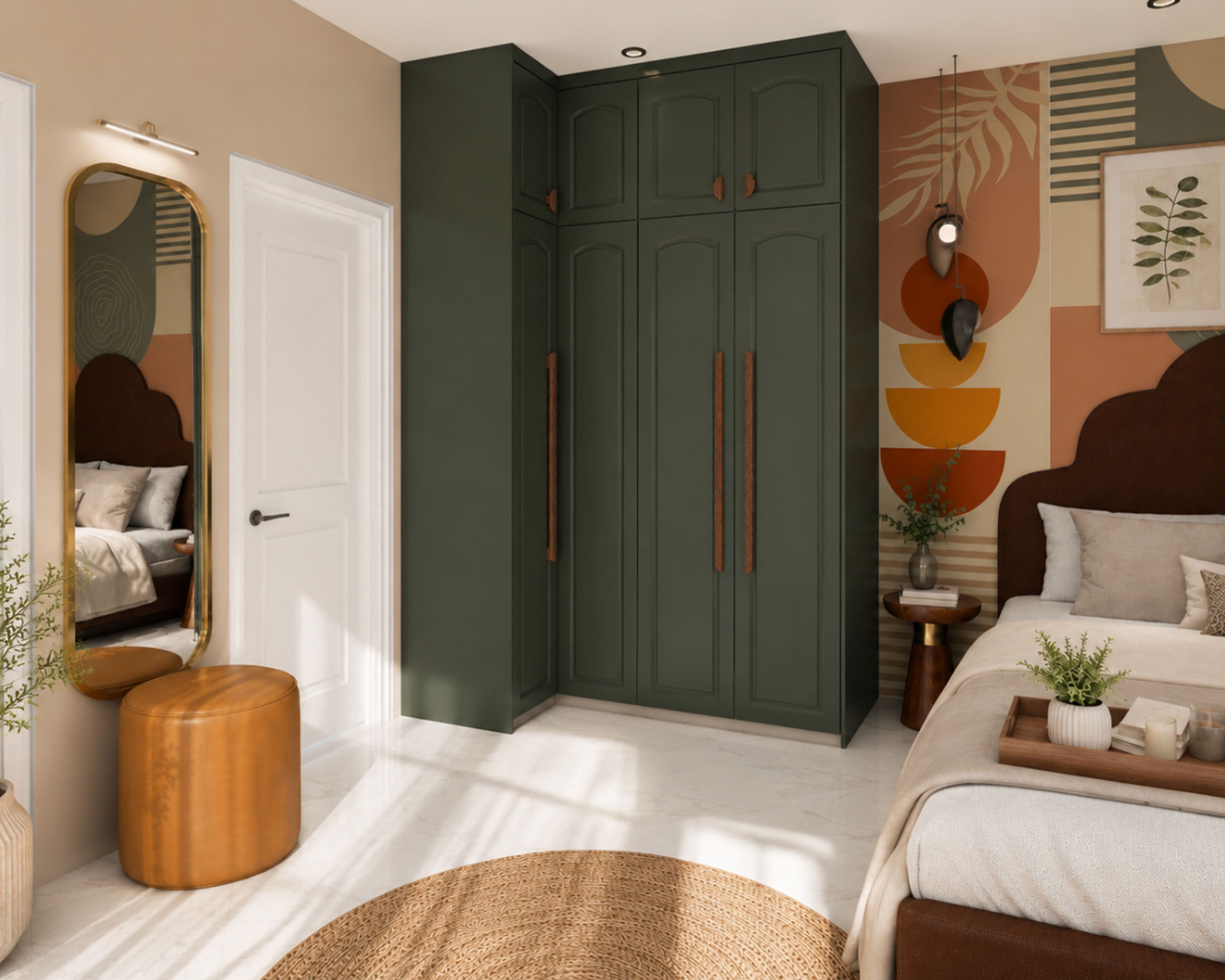 Contemporary Green Swing Wardrobe Design with Recessed Panel Shutters