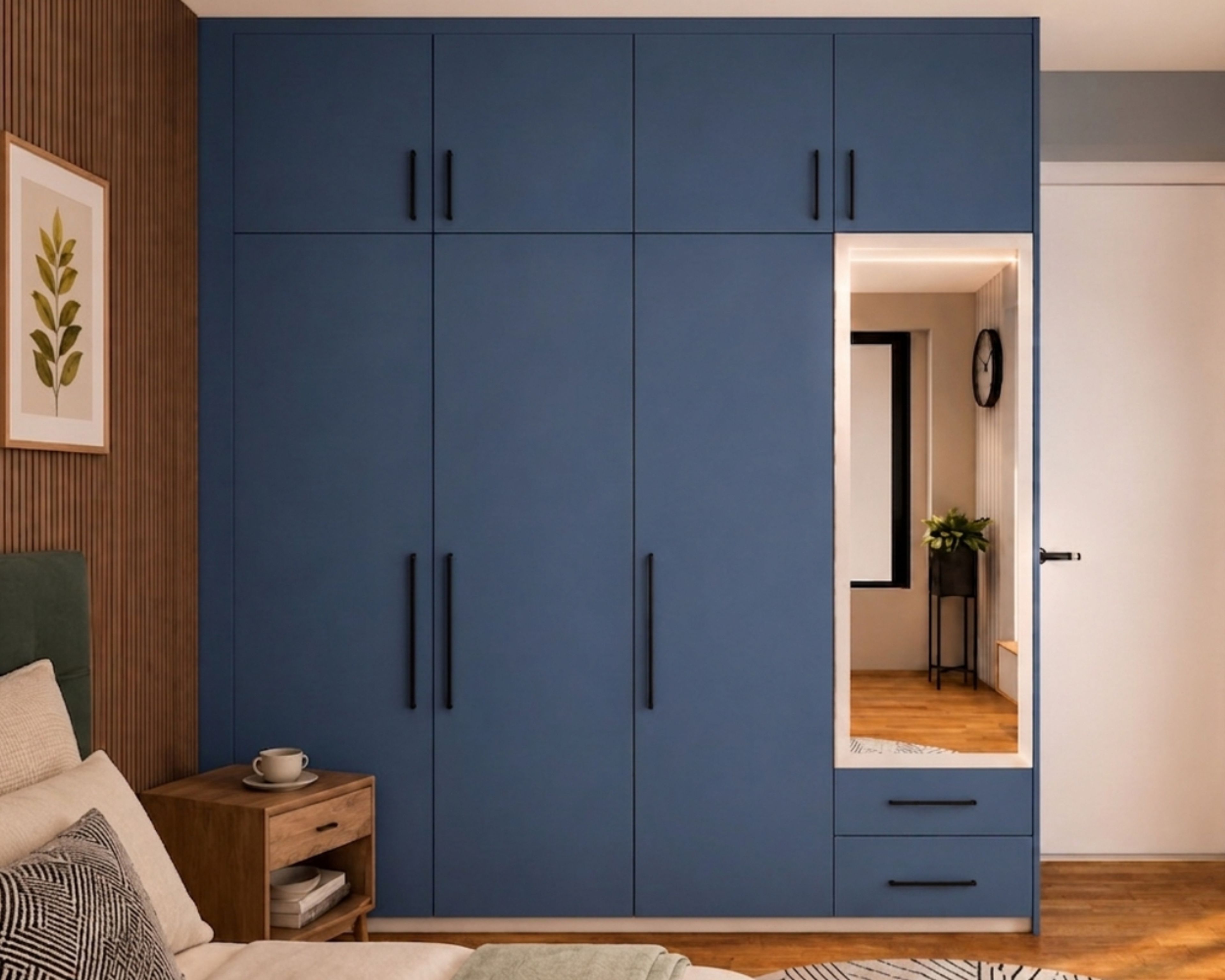 Contemporary Blue Swing Wardrobe Design with Integrated Vanity Mirror