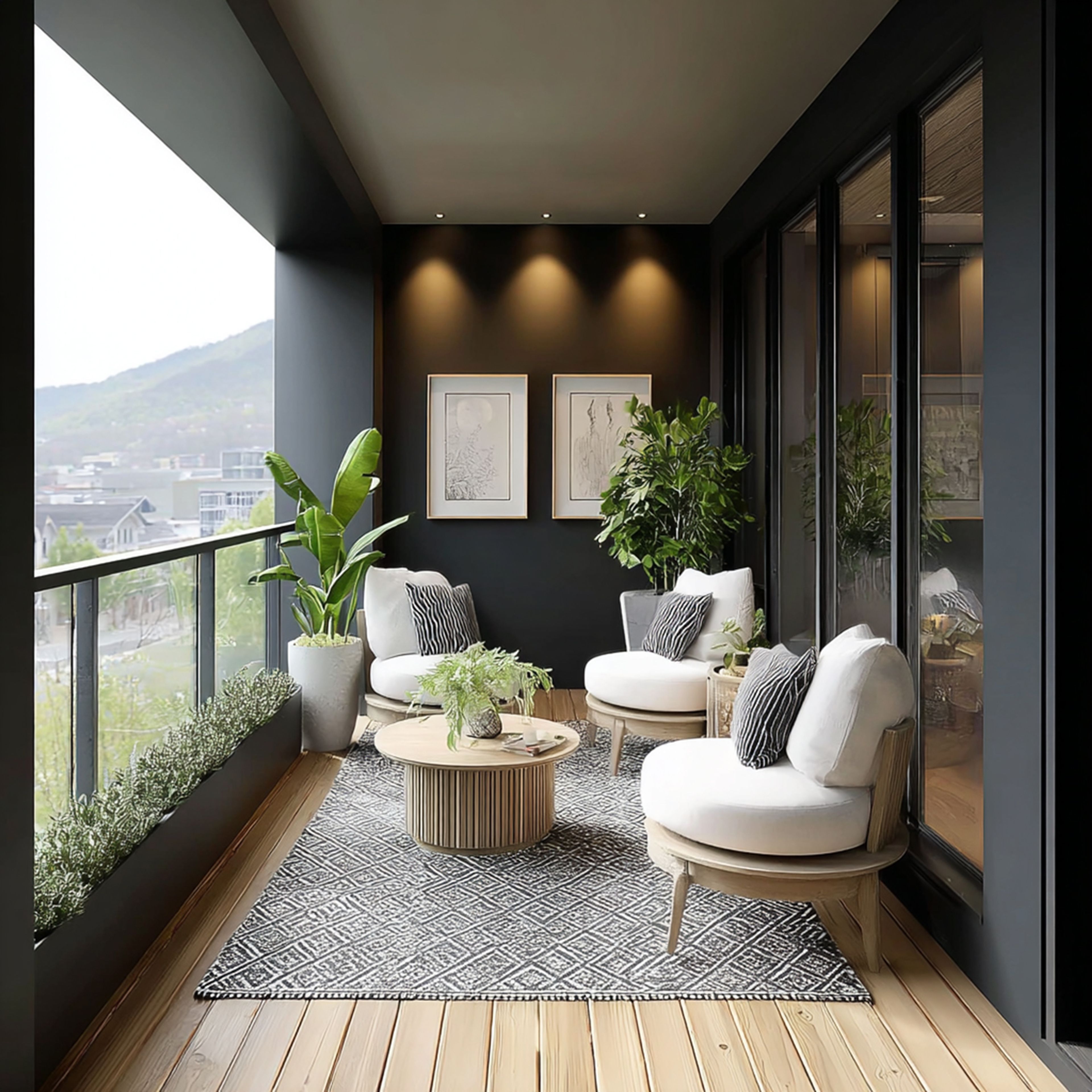 Contemporary Balcony Design with Gallery Wall and Glass Railing