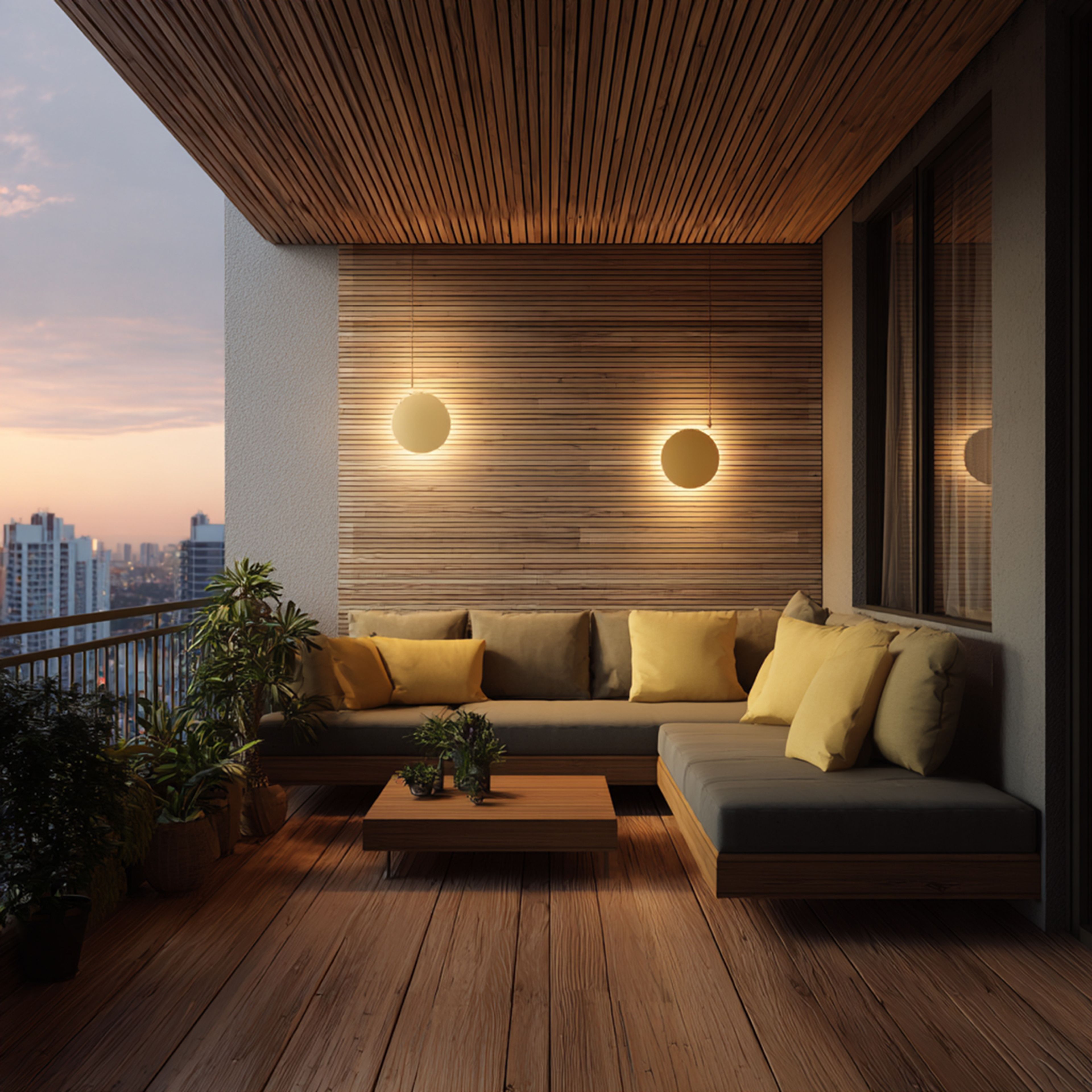 Modern Balcony Design with Wooden Slats and Built In Seating