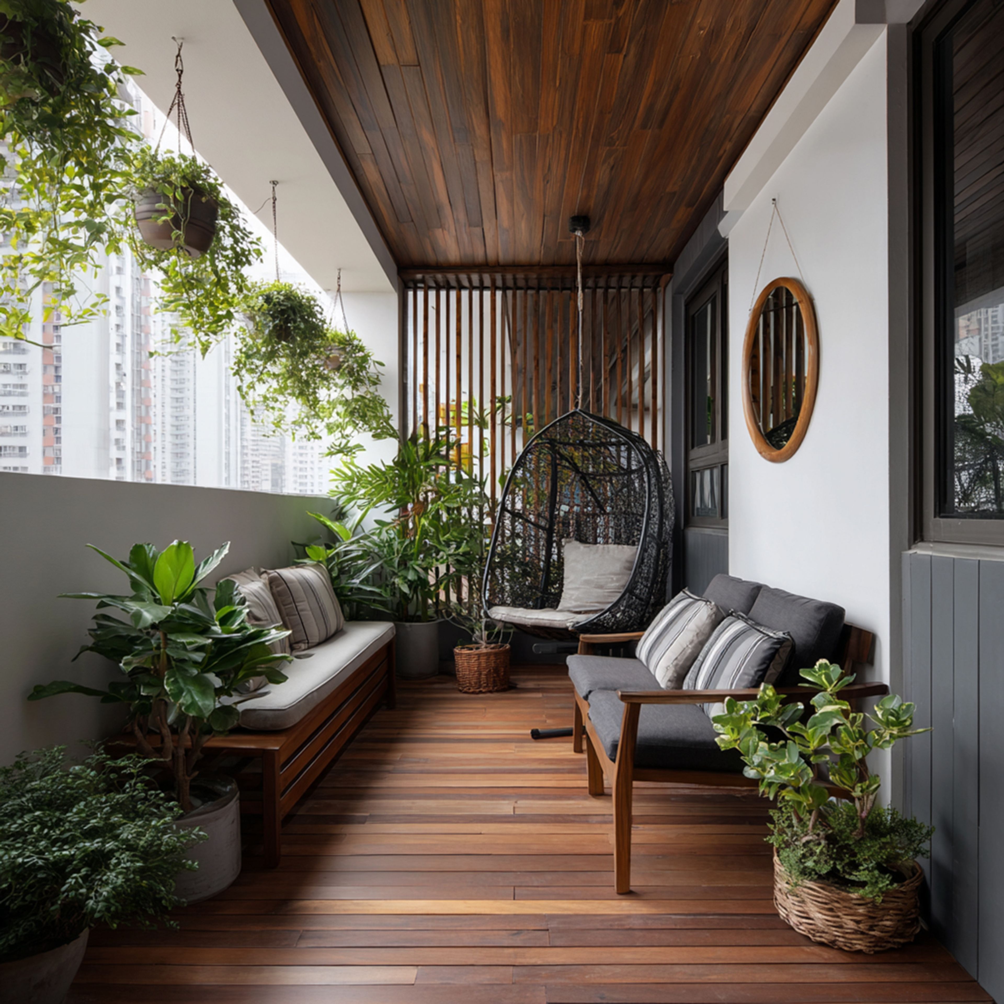 Tropical Balcony Design with Wooden Deck and Hanging Egg Chair