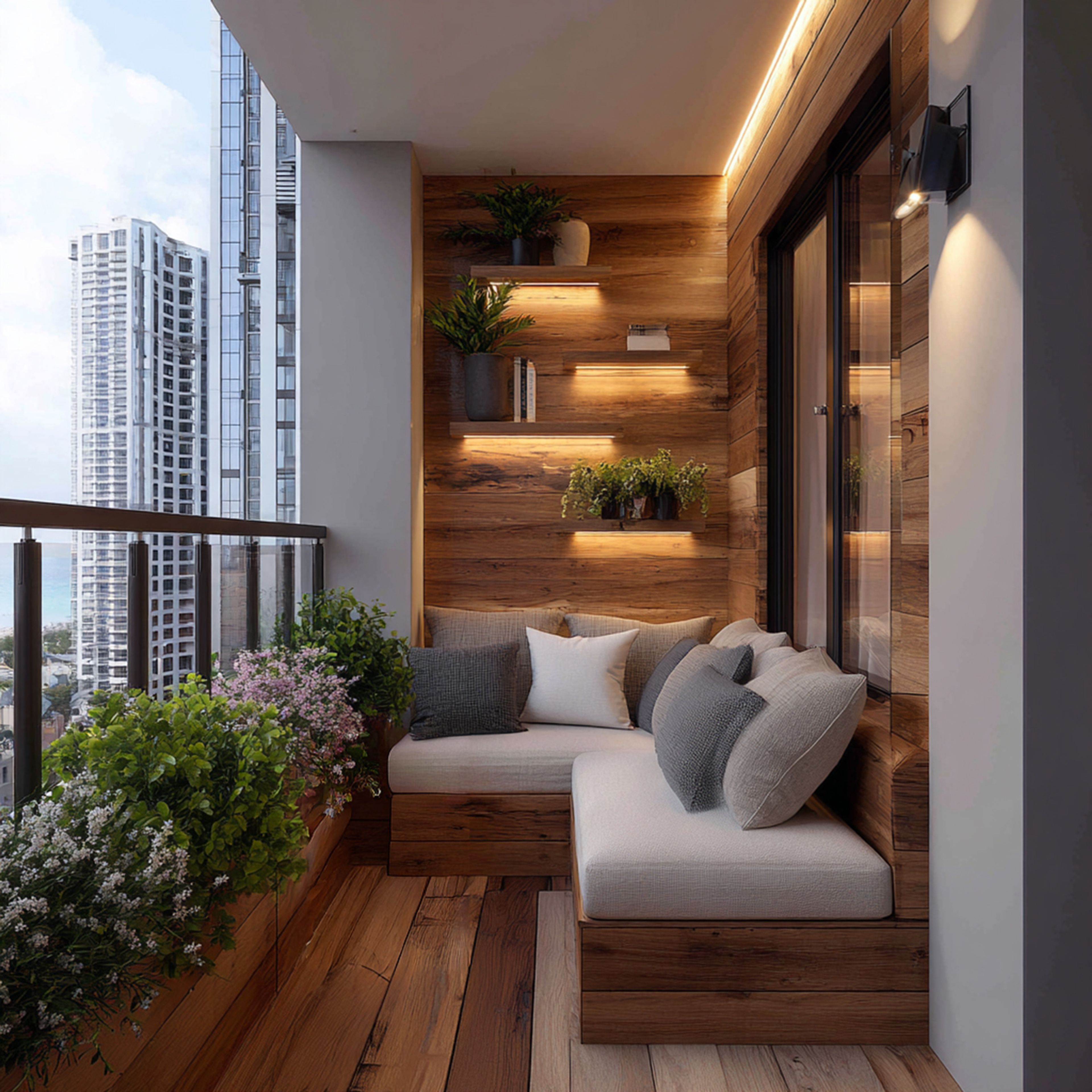 Contemporary Balcony Design with Wooden Accent Wall and LED Shelves