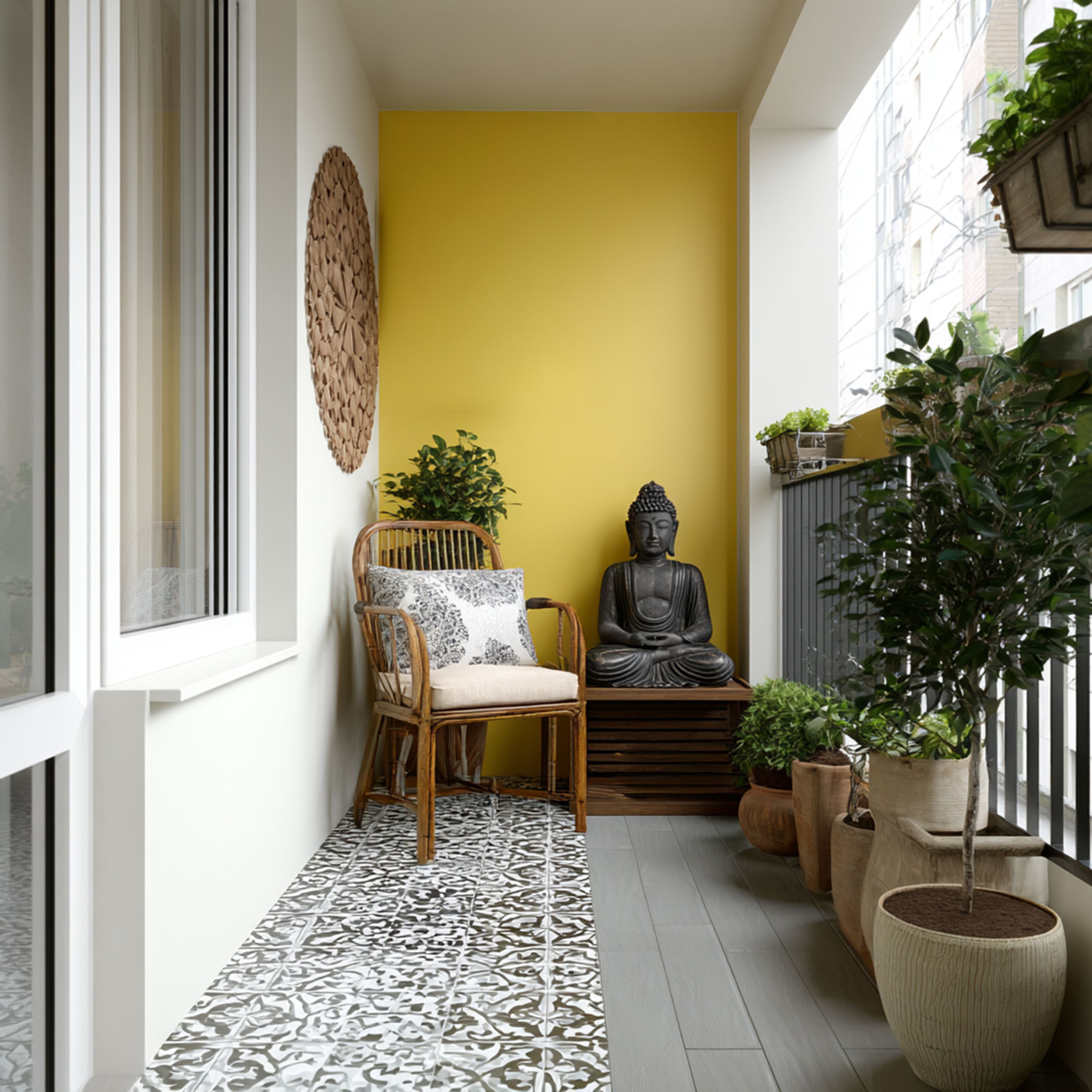 Contemporary Balcony Design with Mustard Wall and Buddha Decor