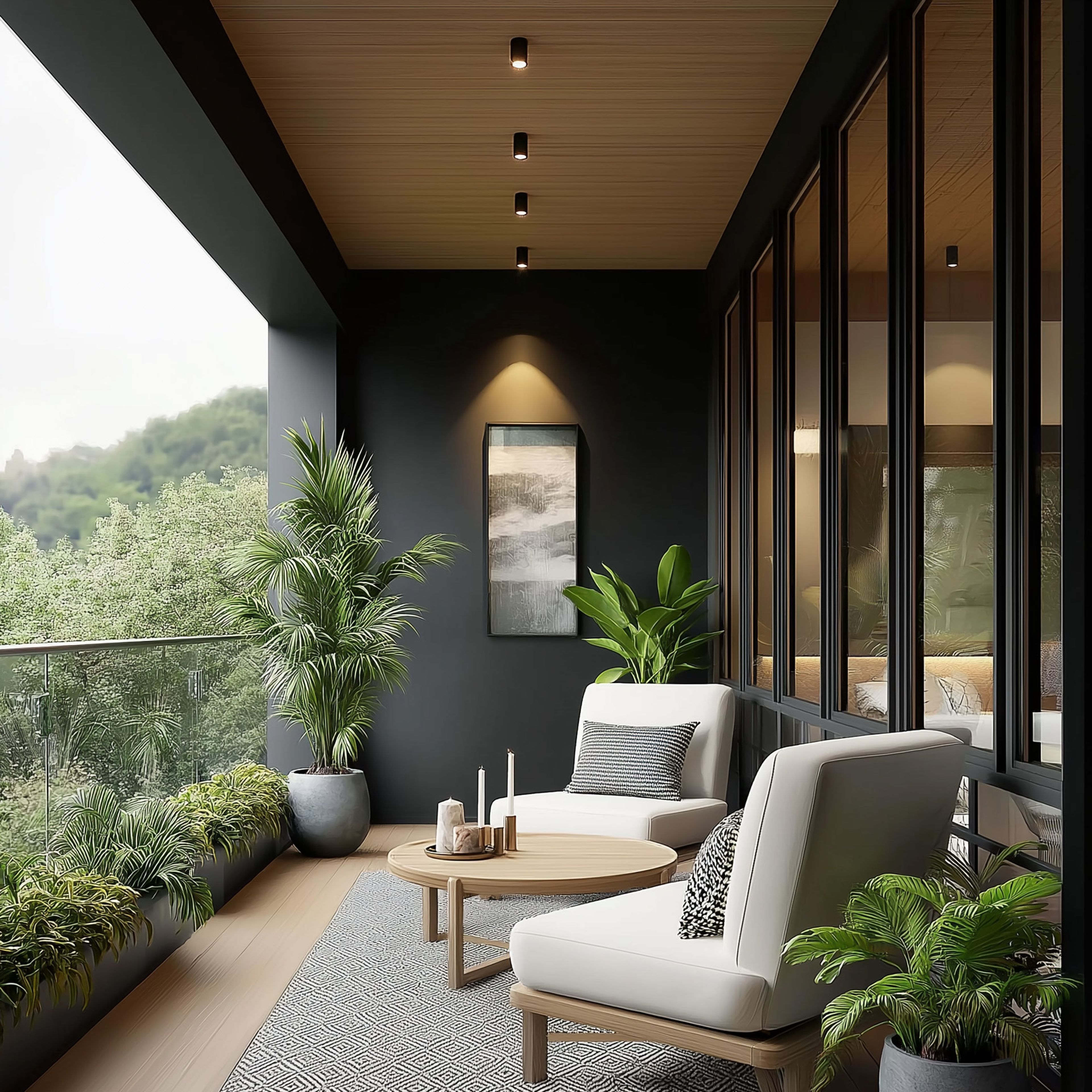 Modern Balcony Design with Wooden Ceiling and Dark Accent Wall