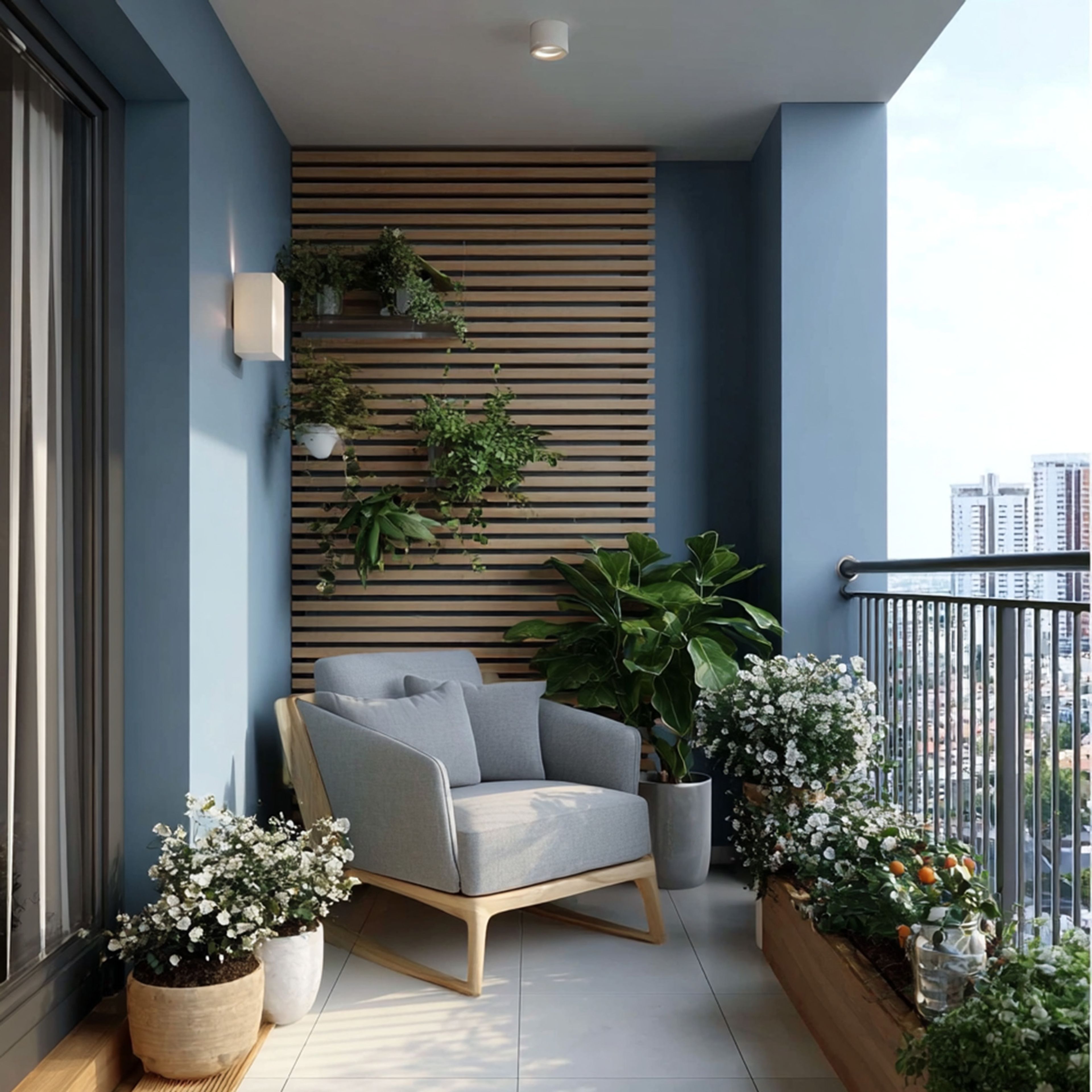 Scandinavian Balcony Design with Wooden Slat and Soft Blue Accent Wall